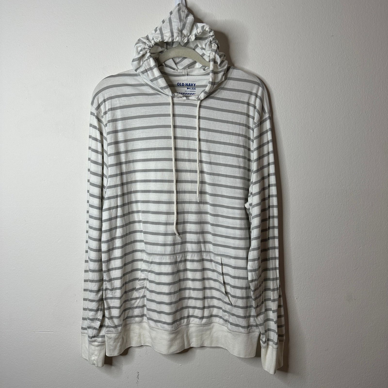 Old Navy Old Navy White & Gray Striped Pullover Front Pocket Hoodie L Size 34" / US 12 / IT 48 - 1 Thumbnail