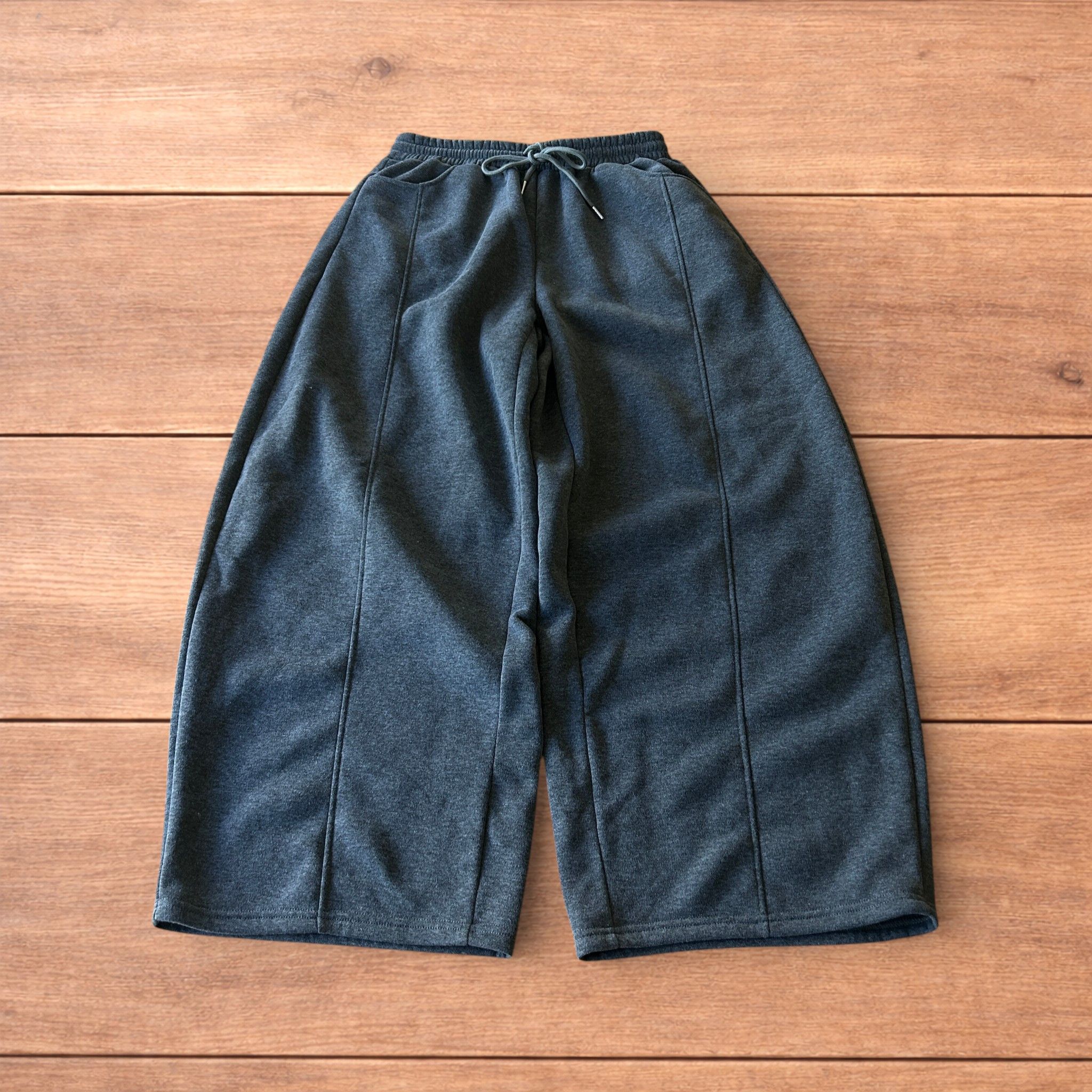 Super baggy wide leg Korean joggers in dark grey.