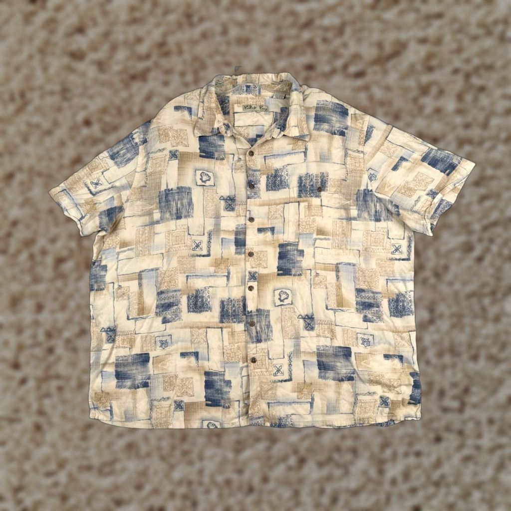 Batik Bay Shirt Men 3XB XXXL Floral Short Sleeve Button-Up Beige Blue Rayon Viscose Big & Tall Button-Up Casual Resort Hawaiian 90s Theme Mens