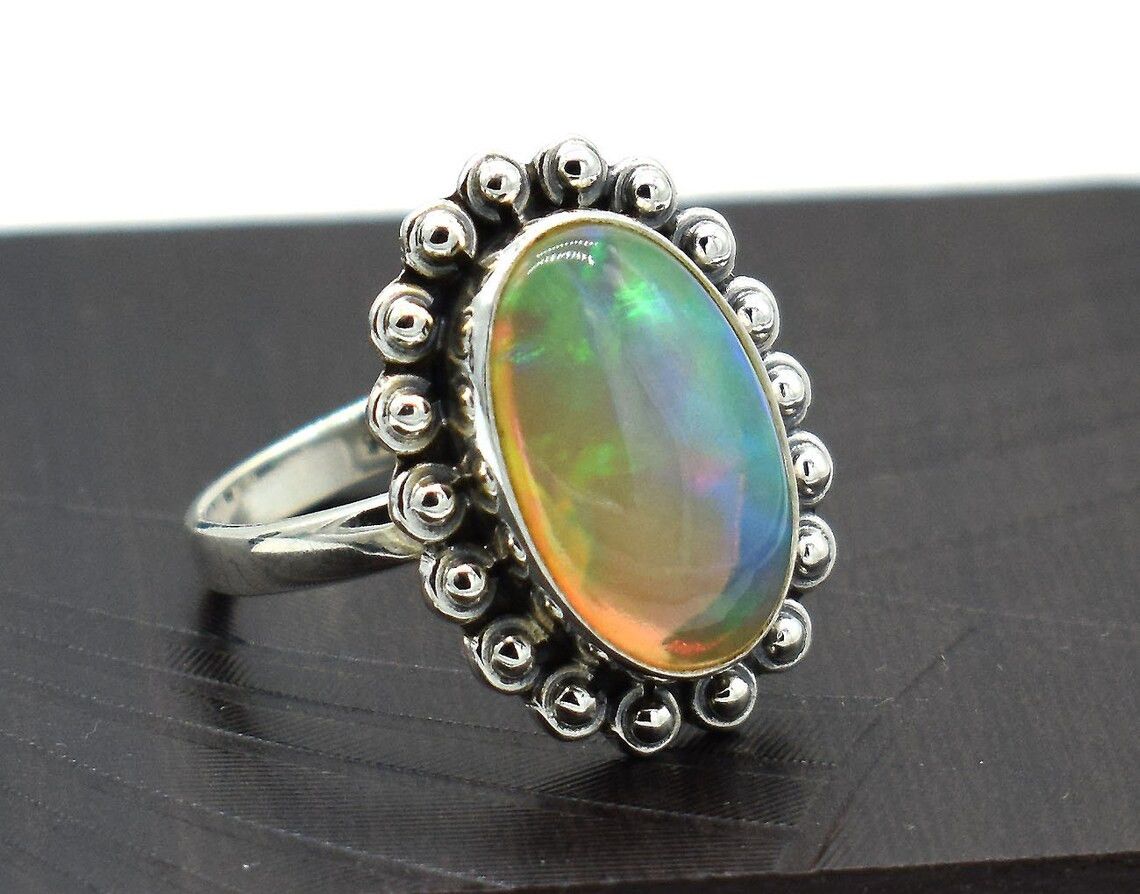 Natural Ethiopian Opal Ring Handmade 925K Silver Boho Rings