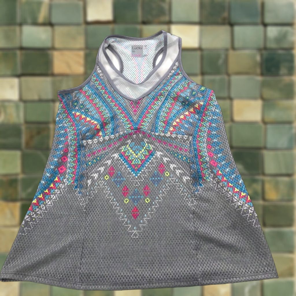 Vintage Lucky In Love Tank Top Womens Small Gray Athleisure Pullover Sleeveless V-Neck Racerback Geometric Print Lightweight Sport Activewear Shirt Size S / US 4 / IT 40 - 1 Thumbnail