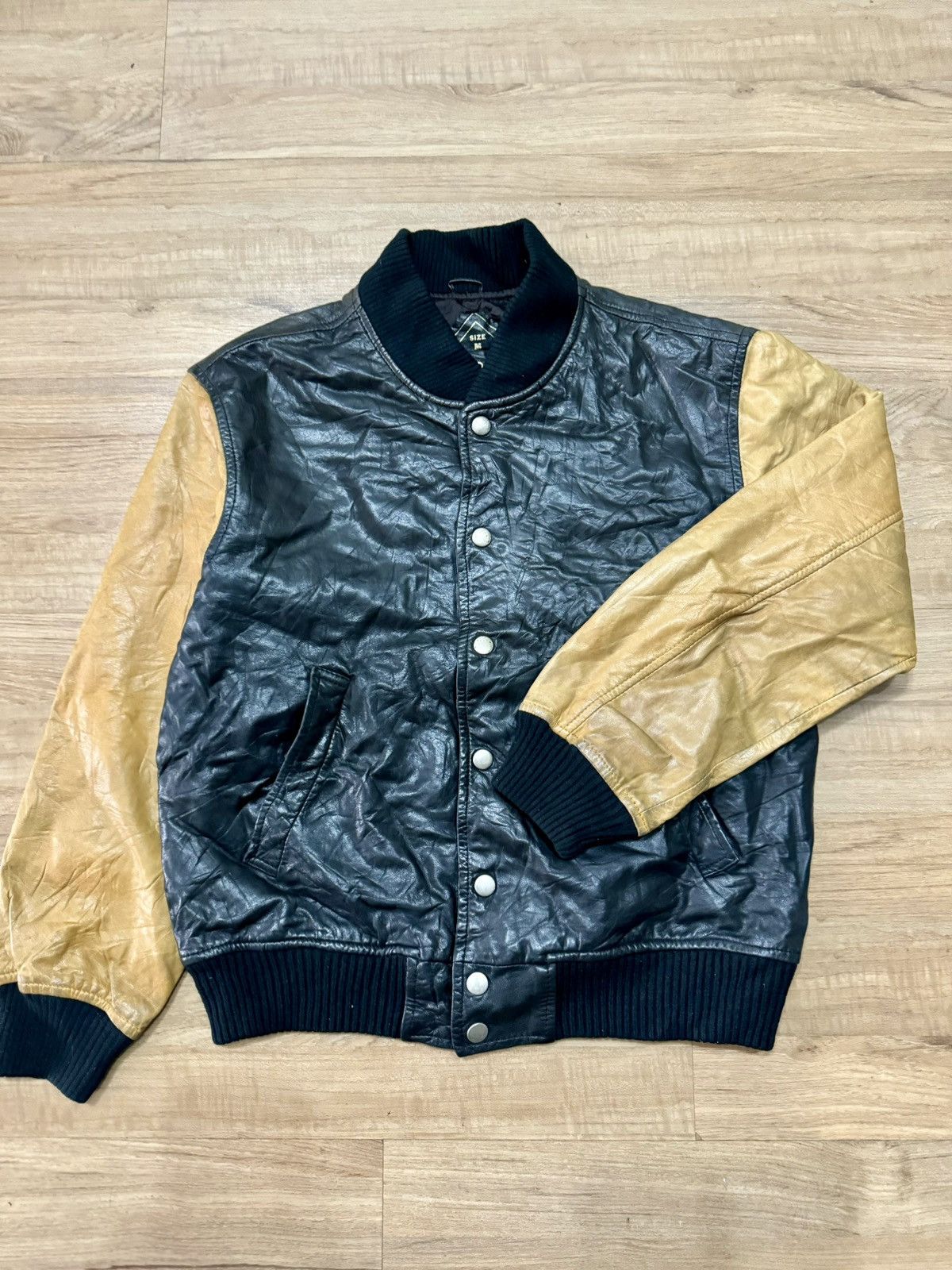 image of Vintage Mens Leather Varsity Jacket in Black (Size Medium)