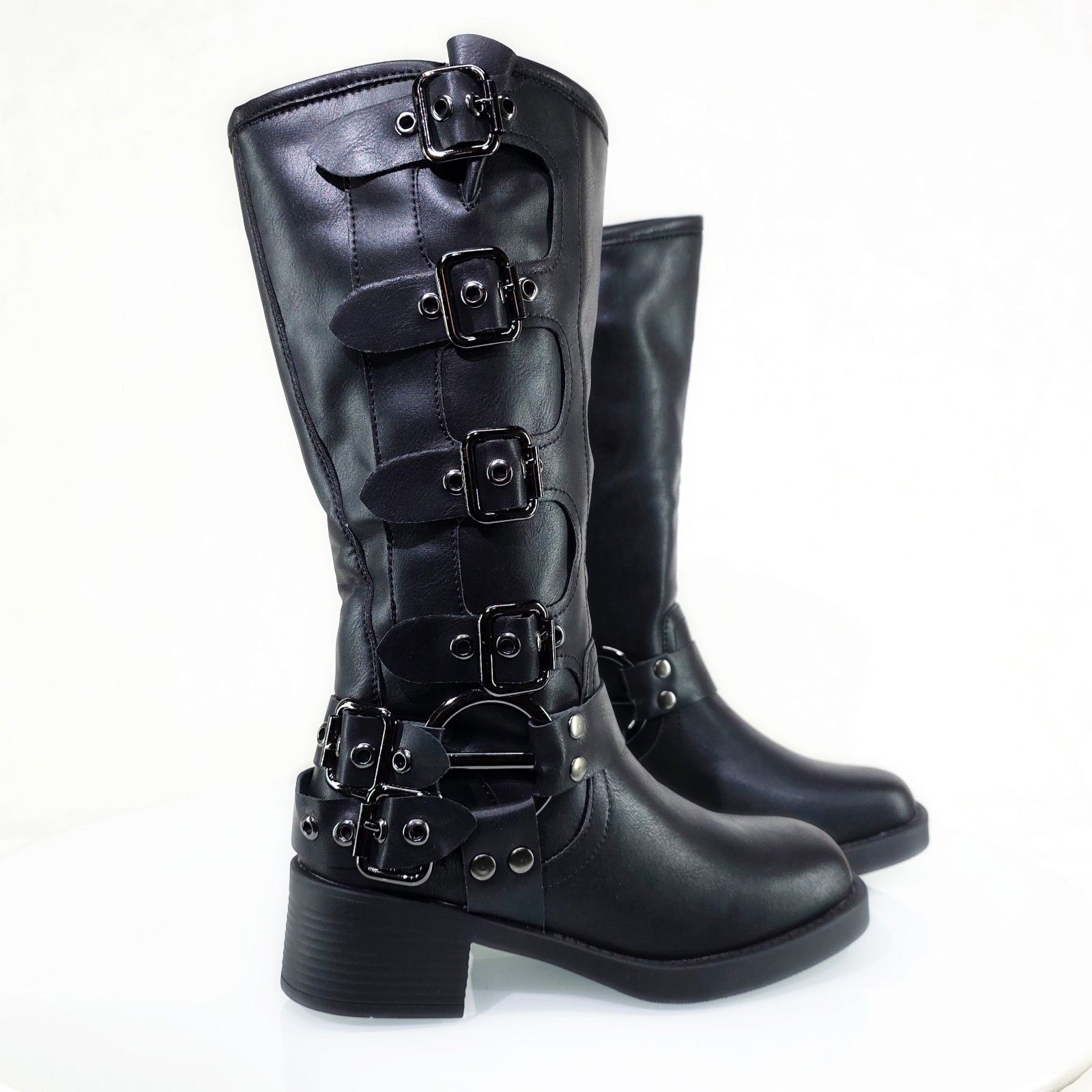 Other Dyna Black Vegan Leather Biker Engineer Western Mid Calf Boo Size US 9 / IT 39 - 2 Thumbnail
