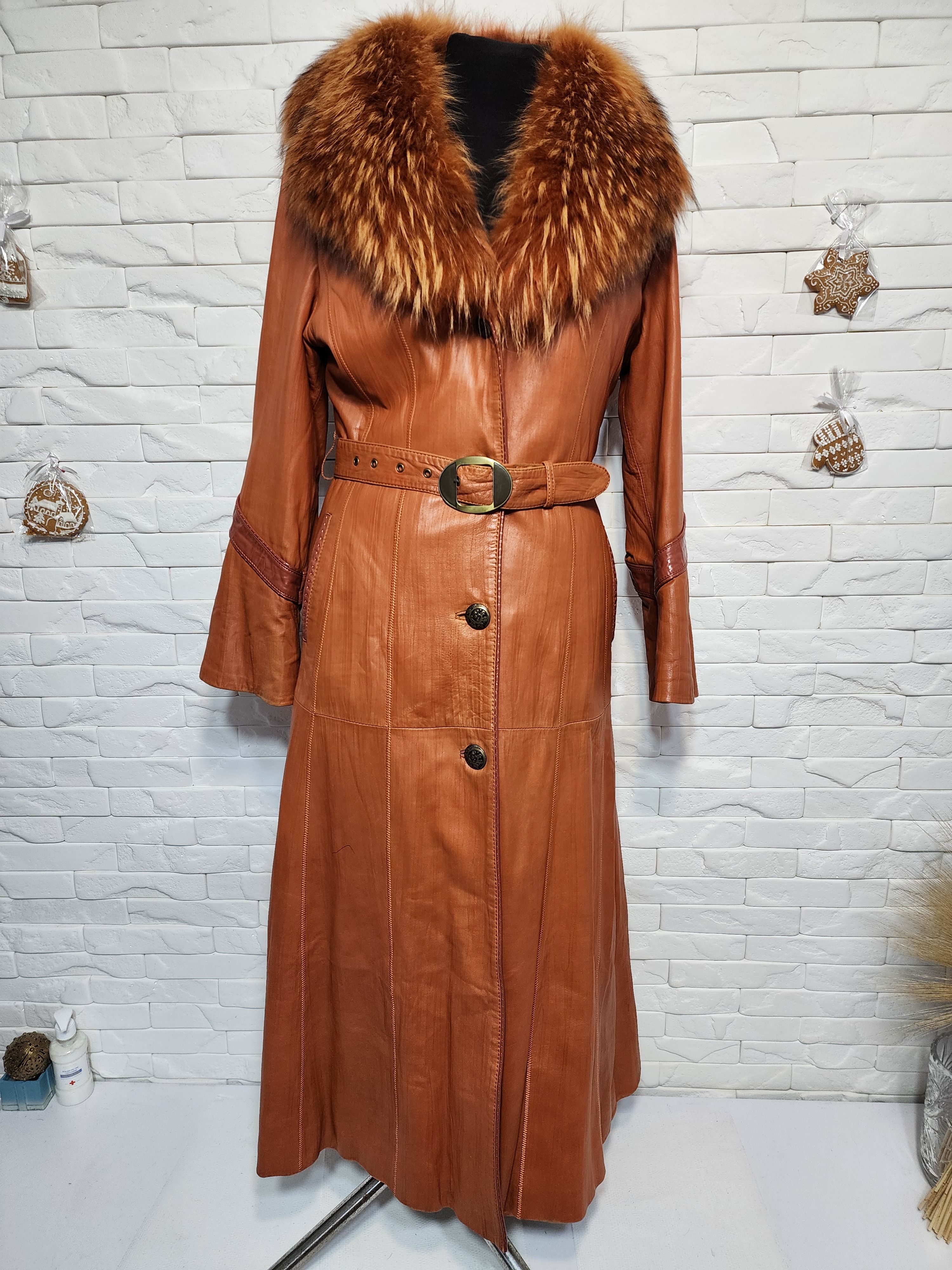 Furla Brown Leather Trench Coat with Fur Collar Size L / US 10 / IT 46 - 1 Thumbnail