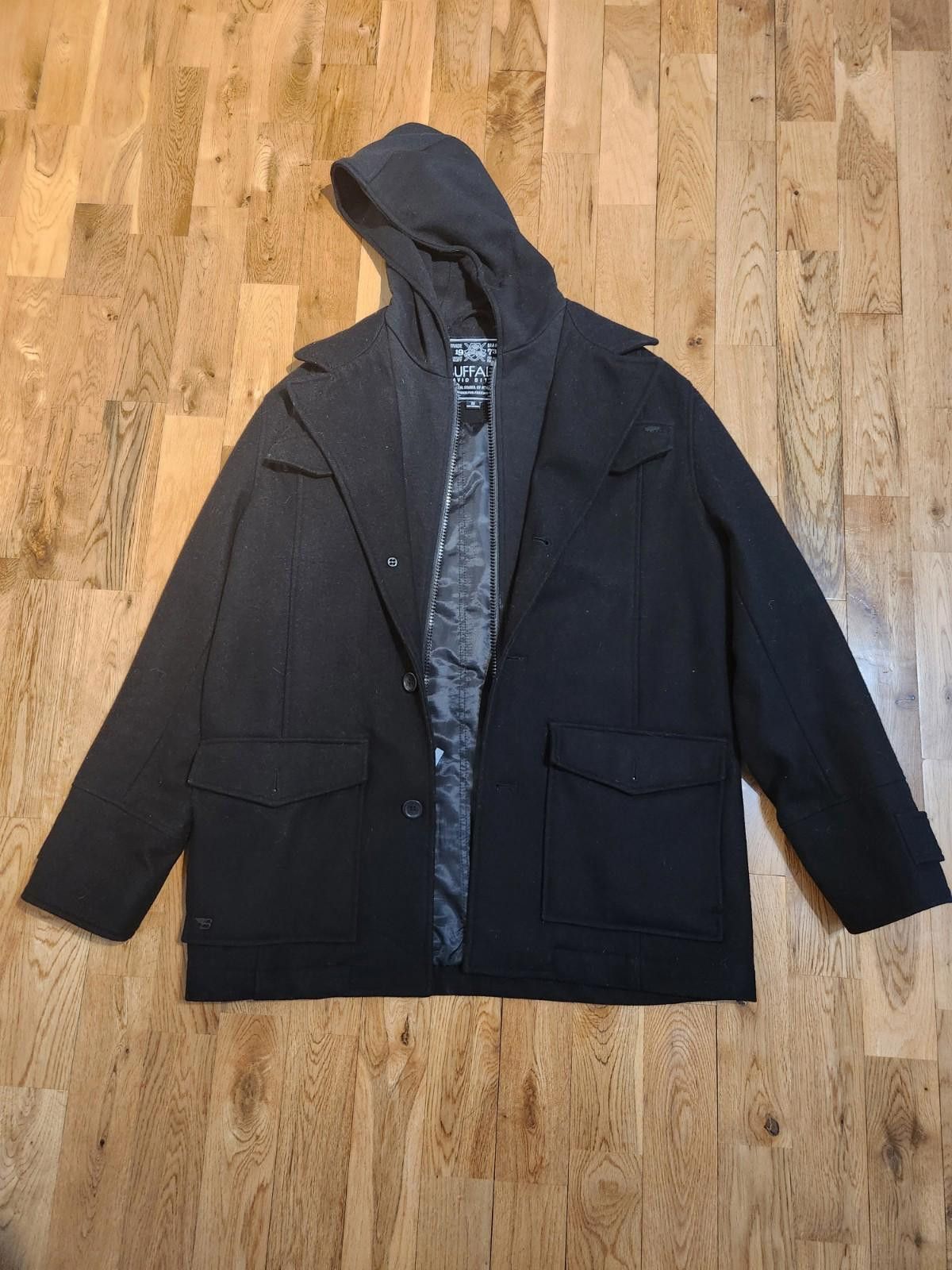 Designer Buffalo David Bitton Wool Coat Black Men's Medium Size US M / EU 48-50 / 2 - 1 Thumbnail