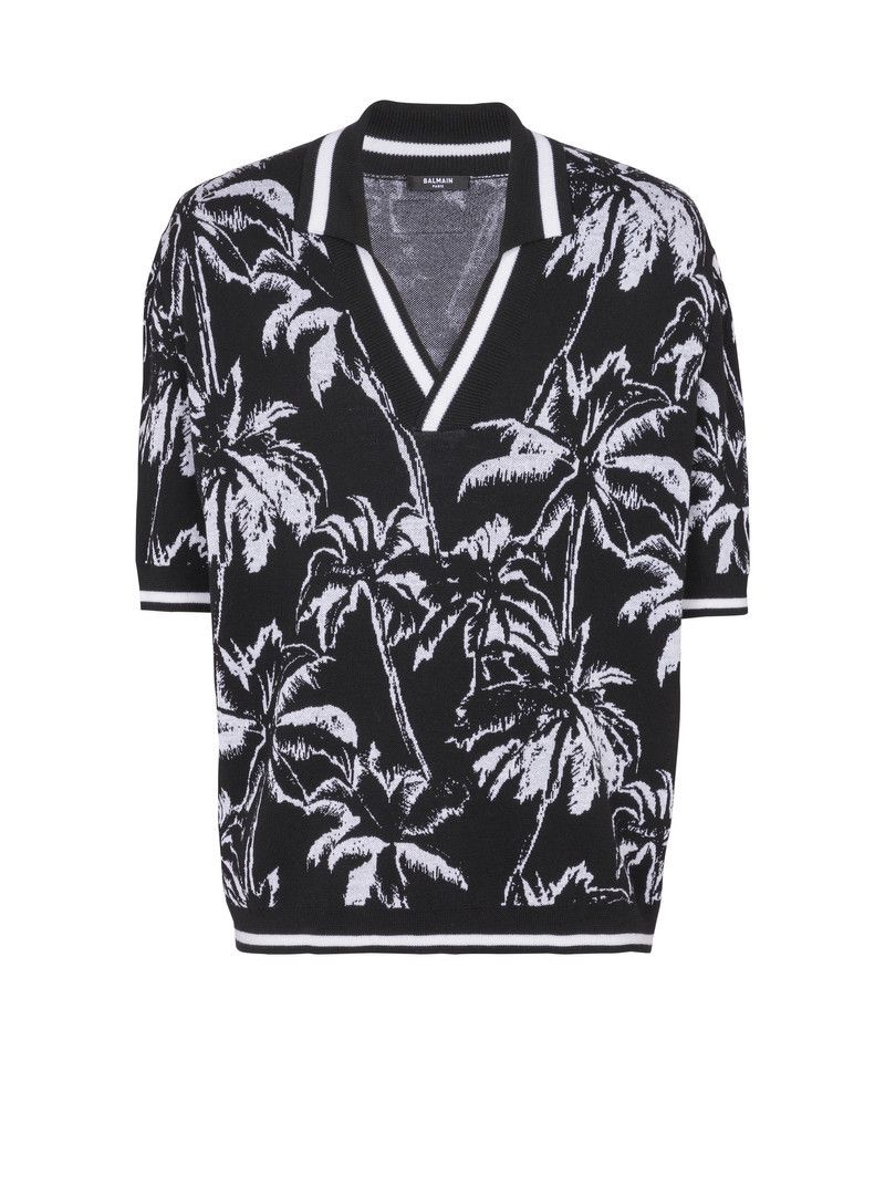 Balmain o1mt1gz0126 Palm Knit Polo Shirt in Black/White Size US XL / EU 56 / 4 - 1 Thumbnail