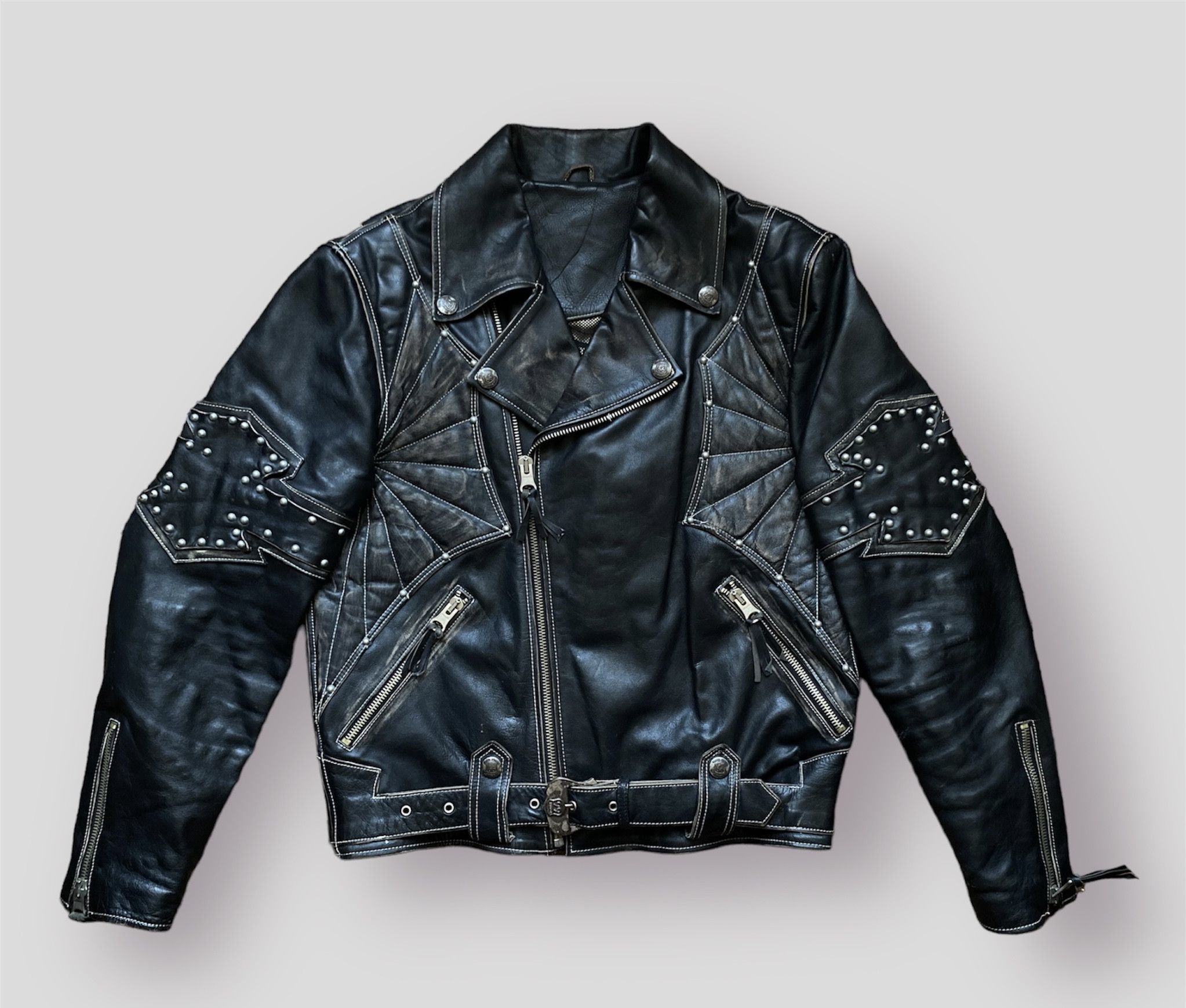 image of Genuine Leather x Leather Jacket Distressed Motorcycle Leather Biker Vampire Jacket Route 66 in Bla