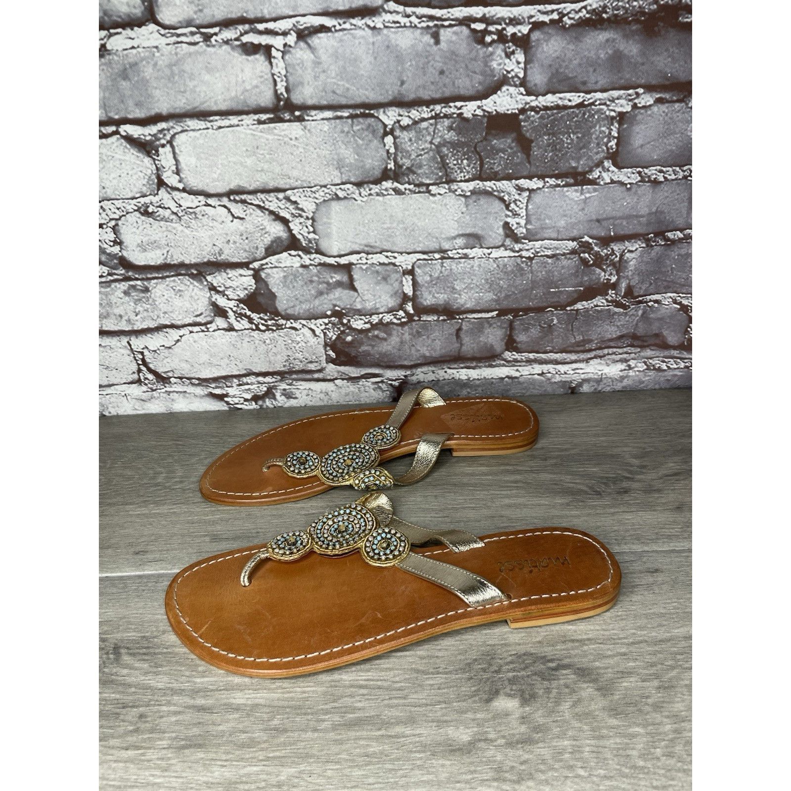 Matiere Studio Matisse Silver Leather Beaded Embellished Flat Thong Sandals Size US 11 / IT 41 - 3 Thumbnail