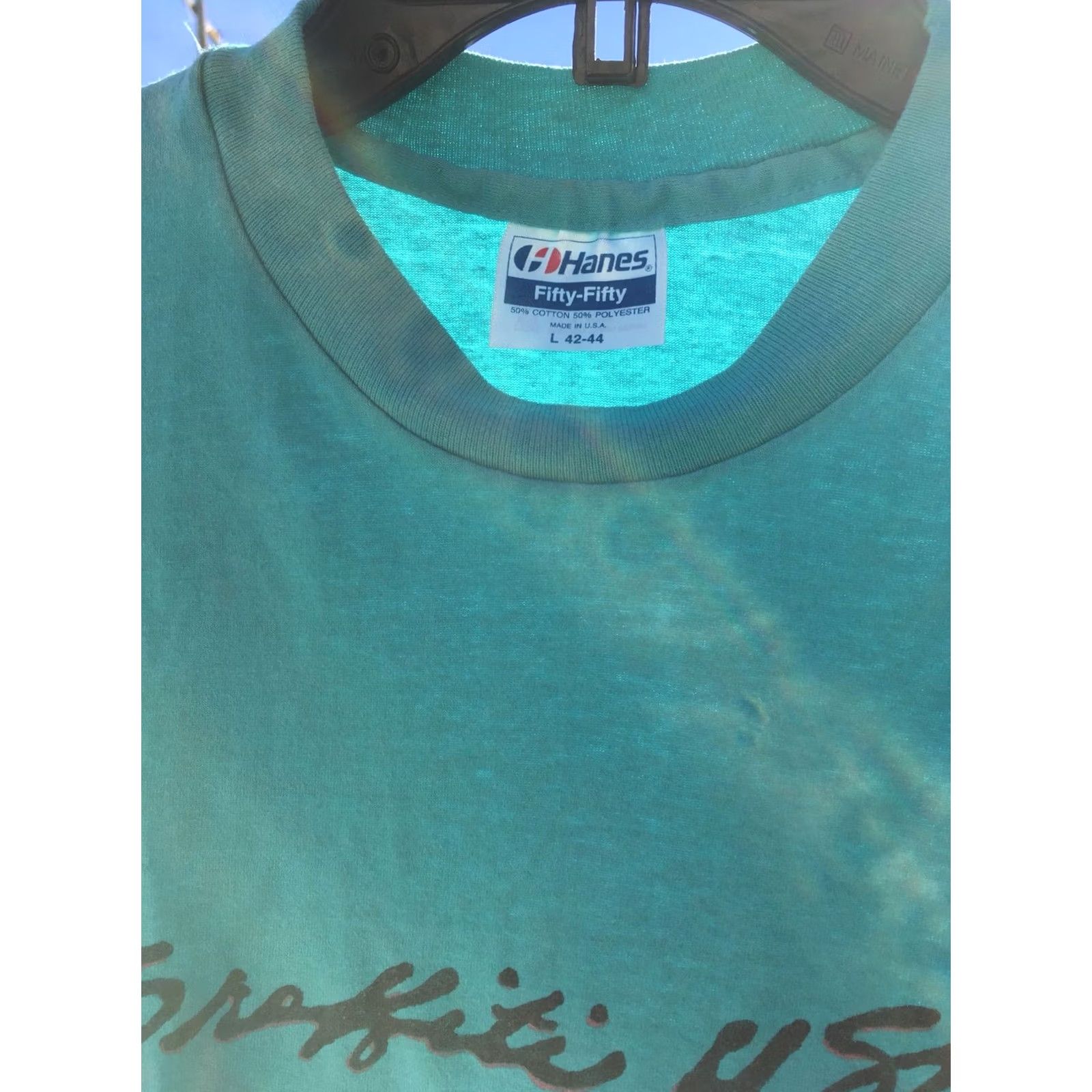 Hanes VINTAGE Hanes Graphic Tee Turquoise 1990s 1990s Burge’s Drive In L Men's Short Sleeve Cotton Blend USA Printed Fifty Fifty Shirt Size US L / EU 52-54 / 3 - 3 Thumbnail