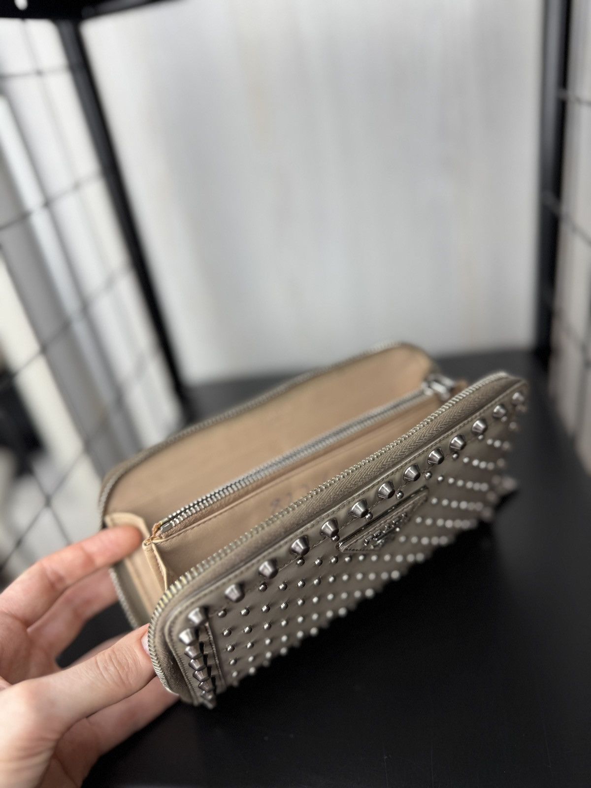 Prada PRADA WALLET STUDDED PURSE GRAY CARDS STUDDED WALLET Grey Size ONE SIZE - 12 Thumbnail