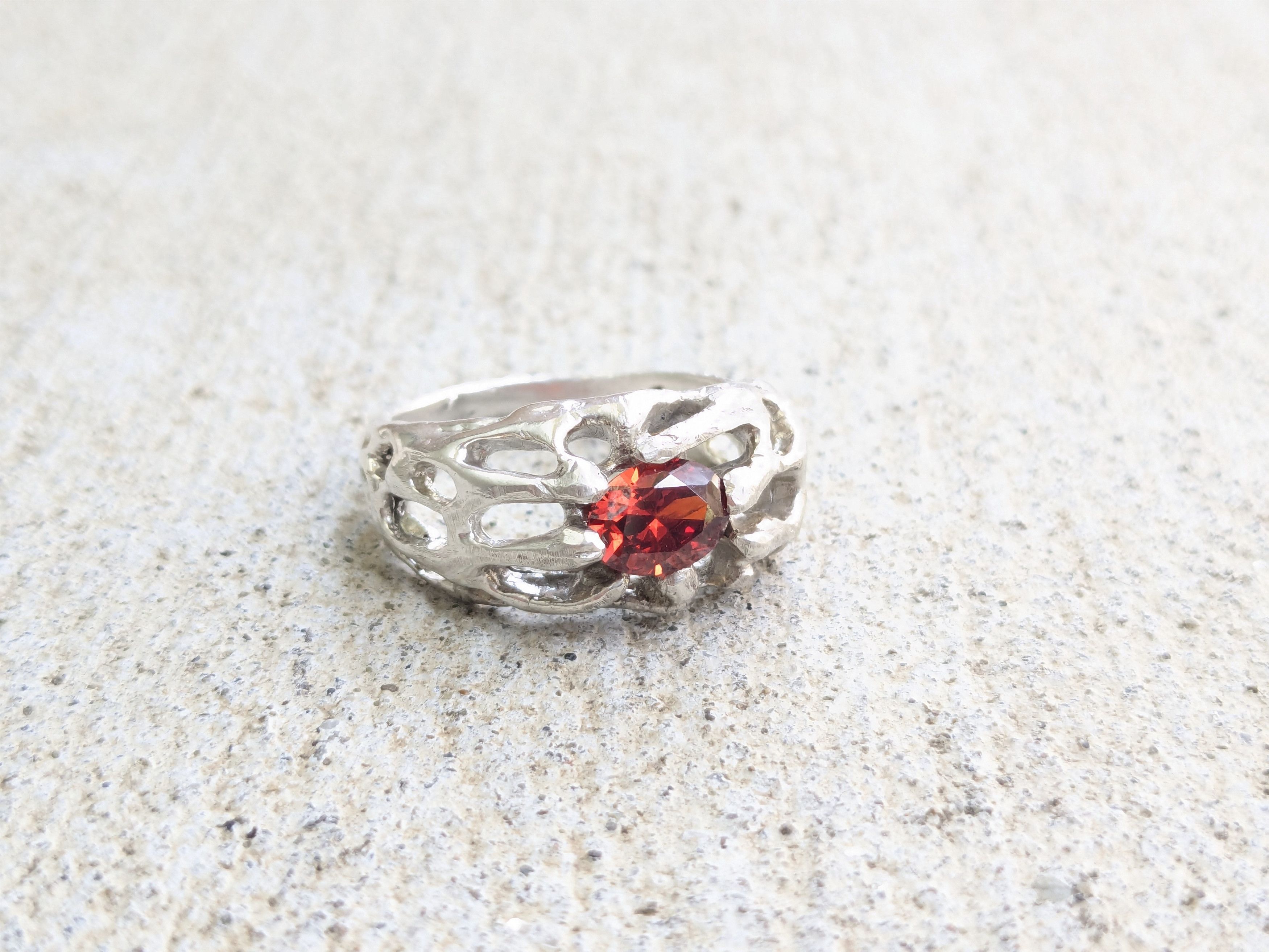 Sterling Silver Vintage Sterling Silver Ring Red Garnet Brutalist Modern Size ONE SIZE - 1 Thumbnail