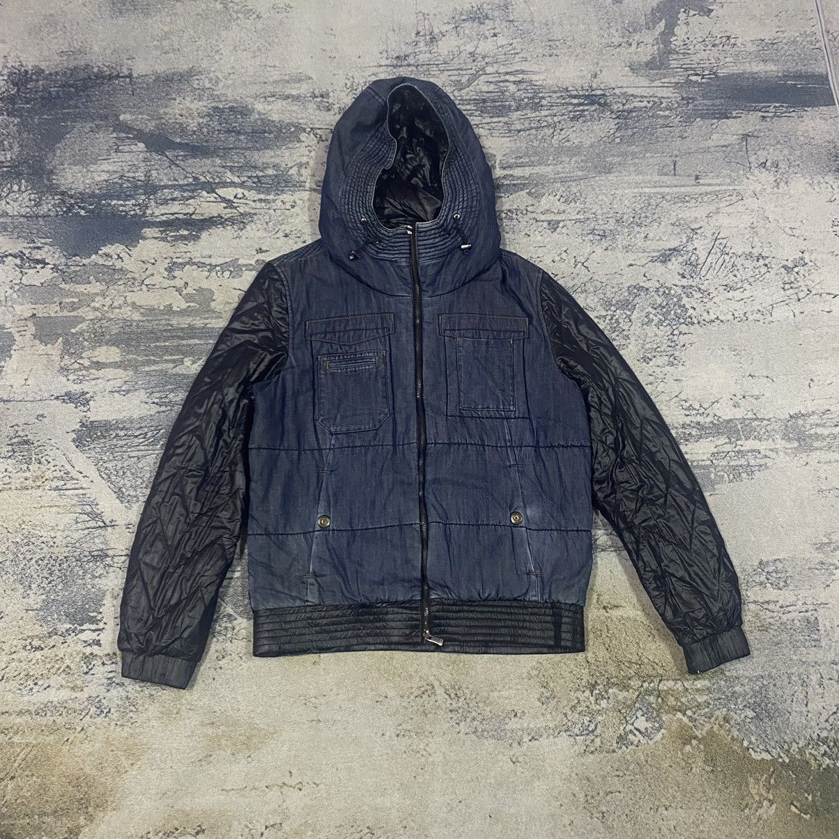 image of Gcw23Vintage Cabben Quilted Denim Hoodies Zipper Jacket in Black Denim, Men's (Size Medium)