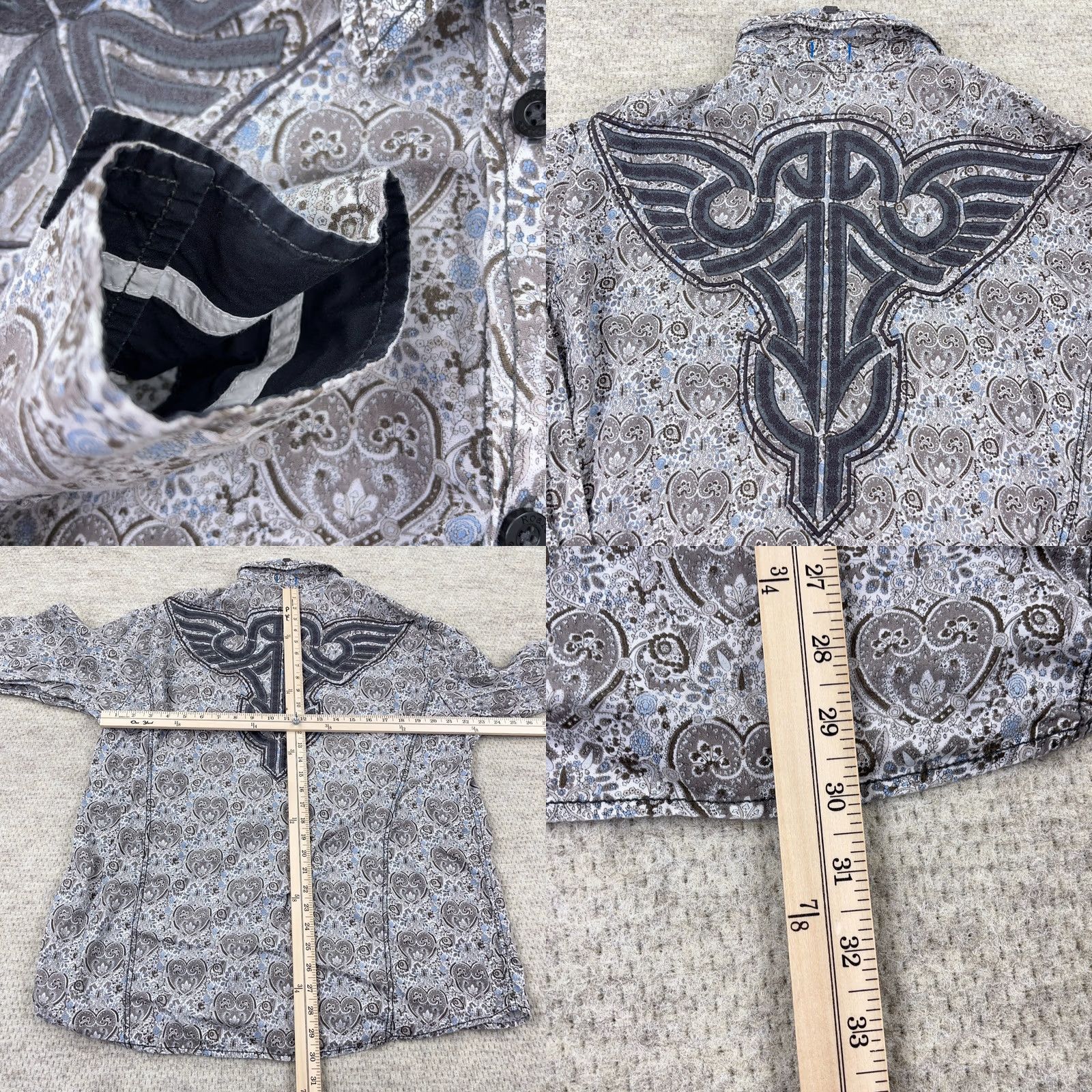 Roar Roar Shirt Men XL Gray Paisley Button Up Rockabilly Western Yoke Cross Punk MMA Size US XL / EU 56 / 4 - 8 Thumbnail
