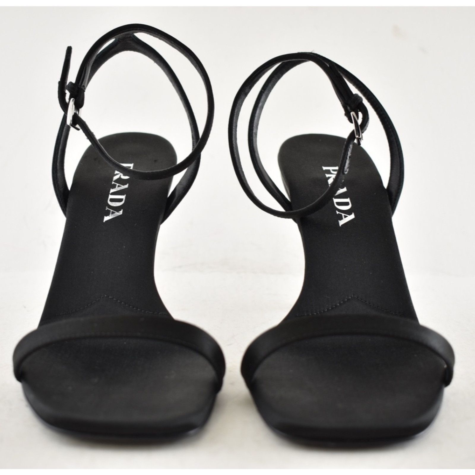 Prada Prada 85mm Black Satin Logo Geometric Heel Sandal 39 Size US 9 / IT 39 - 12 Thumbnail
