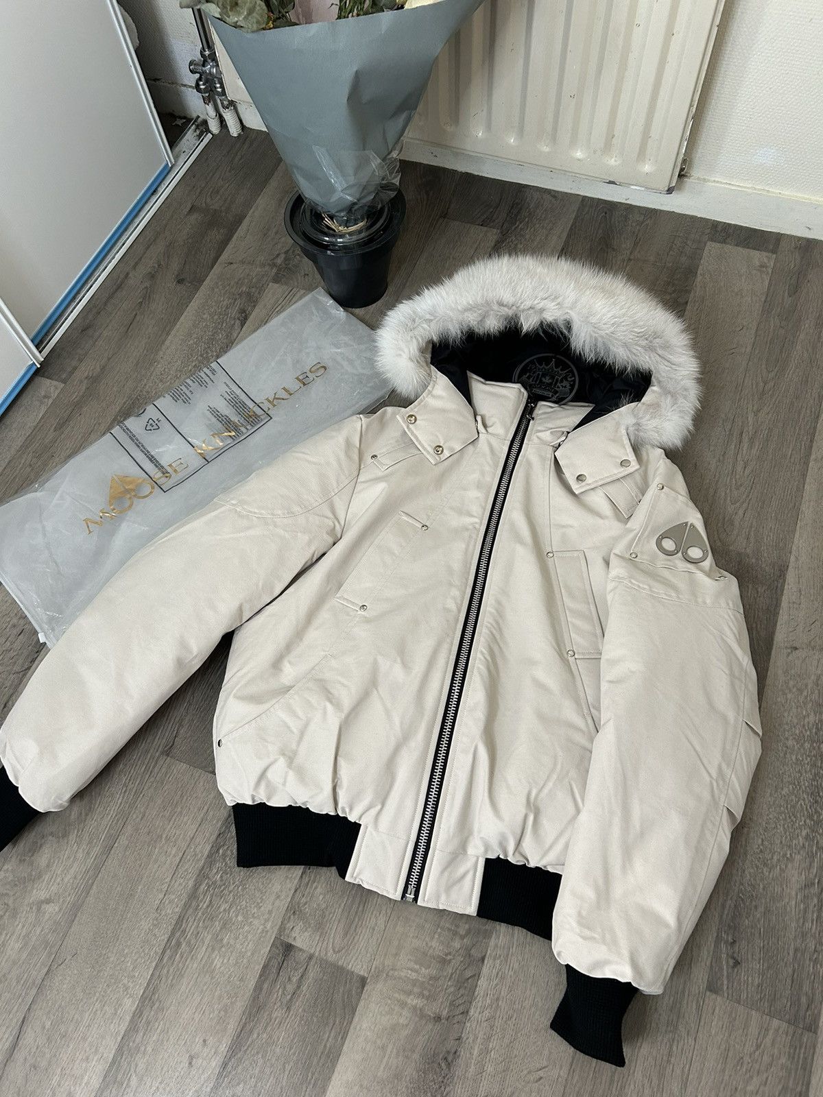 image of Moose Knuckles Ballistic Bomber in White, Men's (Size Large)