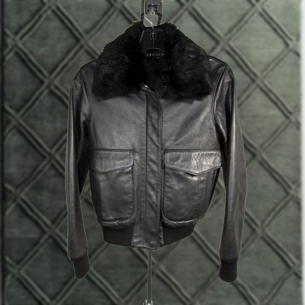 Theory THEORY Leather Bomber Jacket Black Pebbled with Rabbit Fur Collar Size Ppp? (PP) Womens Short Sleeve Zip Size ONE SIZE - 1 Thumbnail
