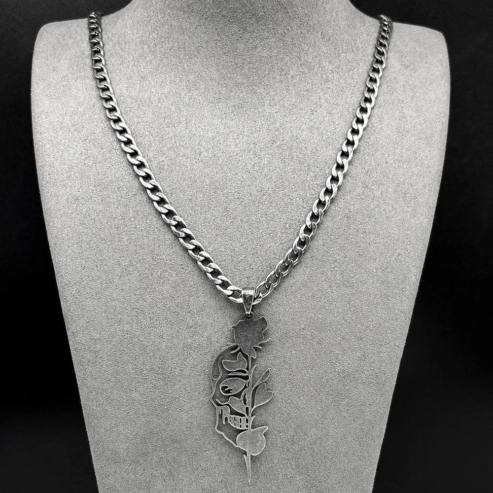 Jewelry Hollow Gothic Skull Rose Flower Pendant Charms Necklace Size ONE SIZE - 2 Thumbnail