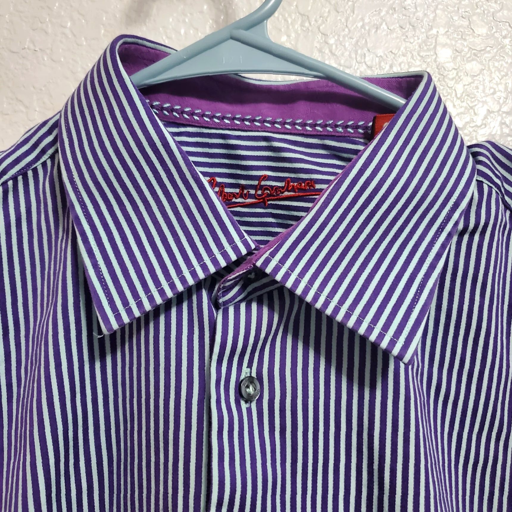 Robert Graham Robert Graham Dress Shirt Mens Purple Blue Striped 17 L/XL Flip Cuff Button Down Size 42R - 5 Thumbnail