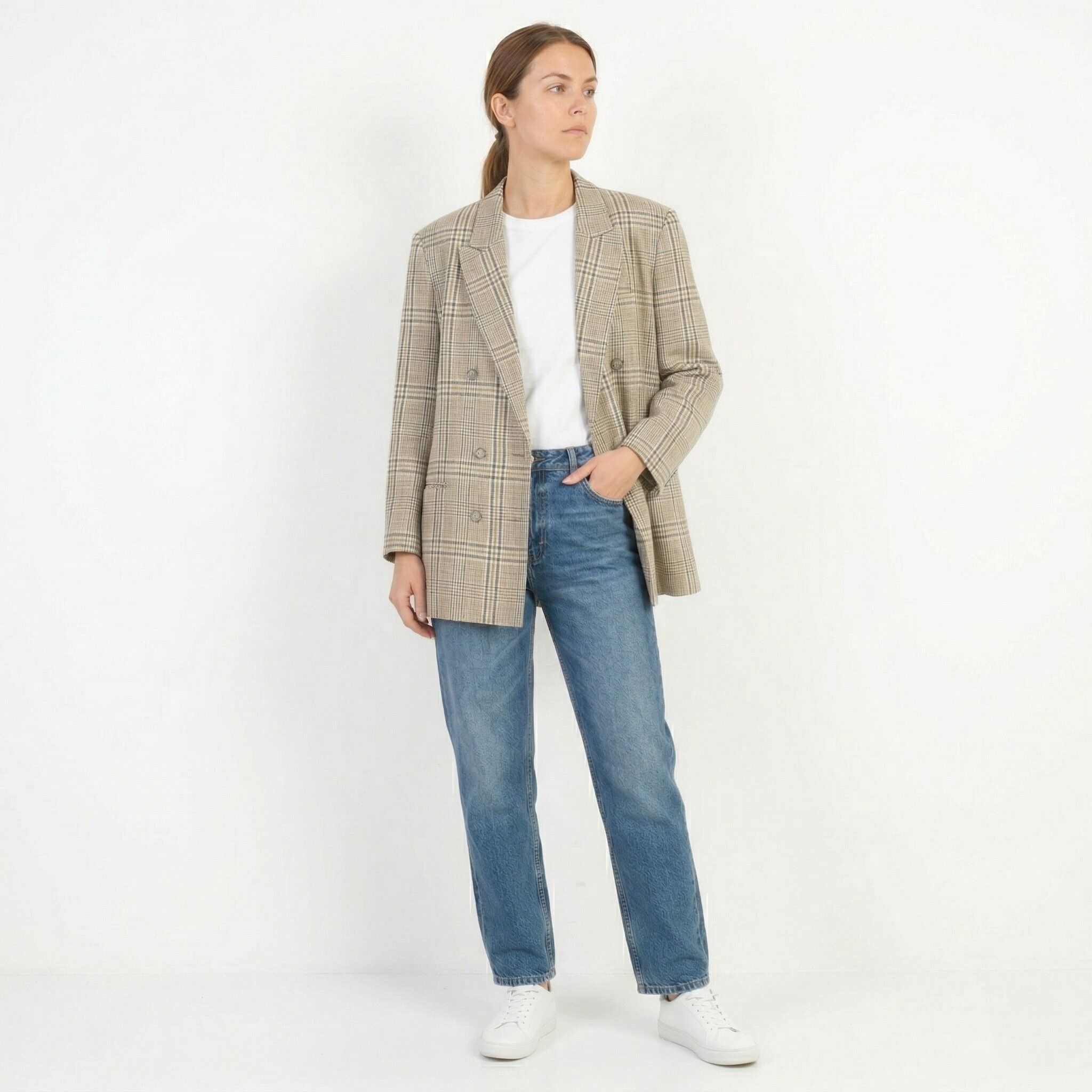 Vintage Sebastiano Women 42 XL Blazer Beige Wool Check 6220 Size L / US 10 / IT 46 - 1 Thumbnail