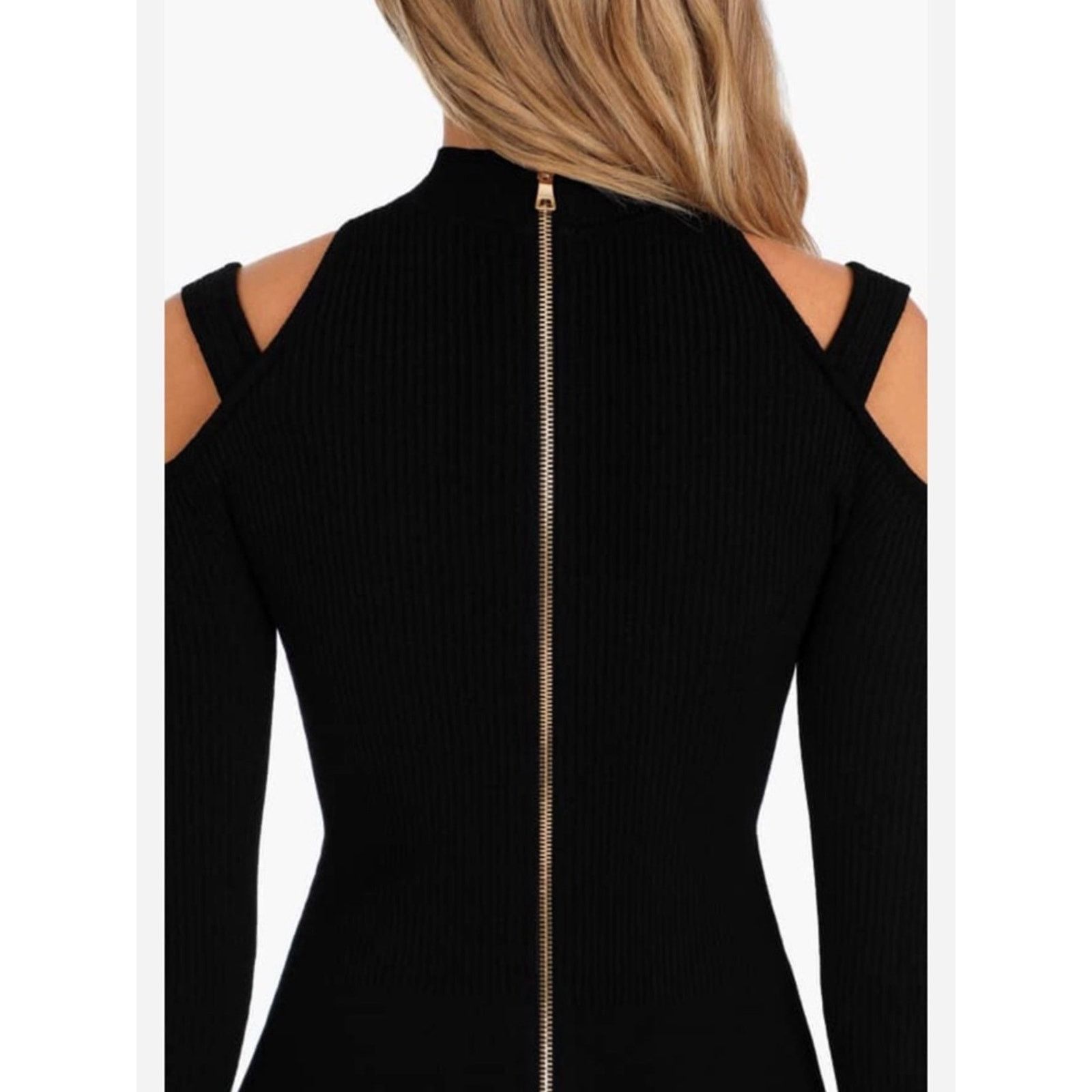 Other Black Ribbed Cold-Shoulder Cutout Bodycon Dress size XS Size XS / US 0-2 / IT 36-38 - 3 Thumbnail