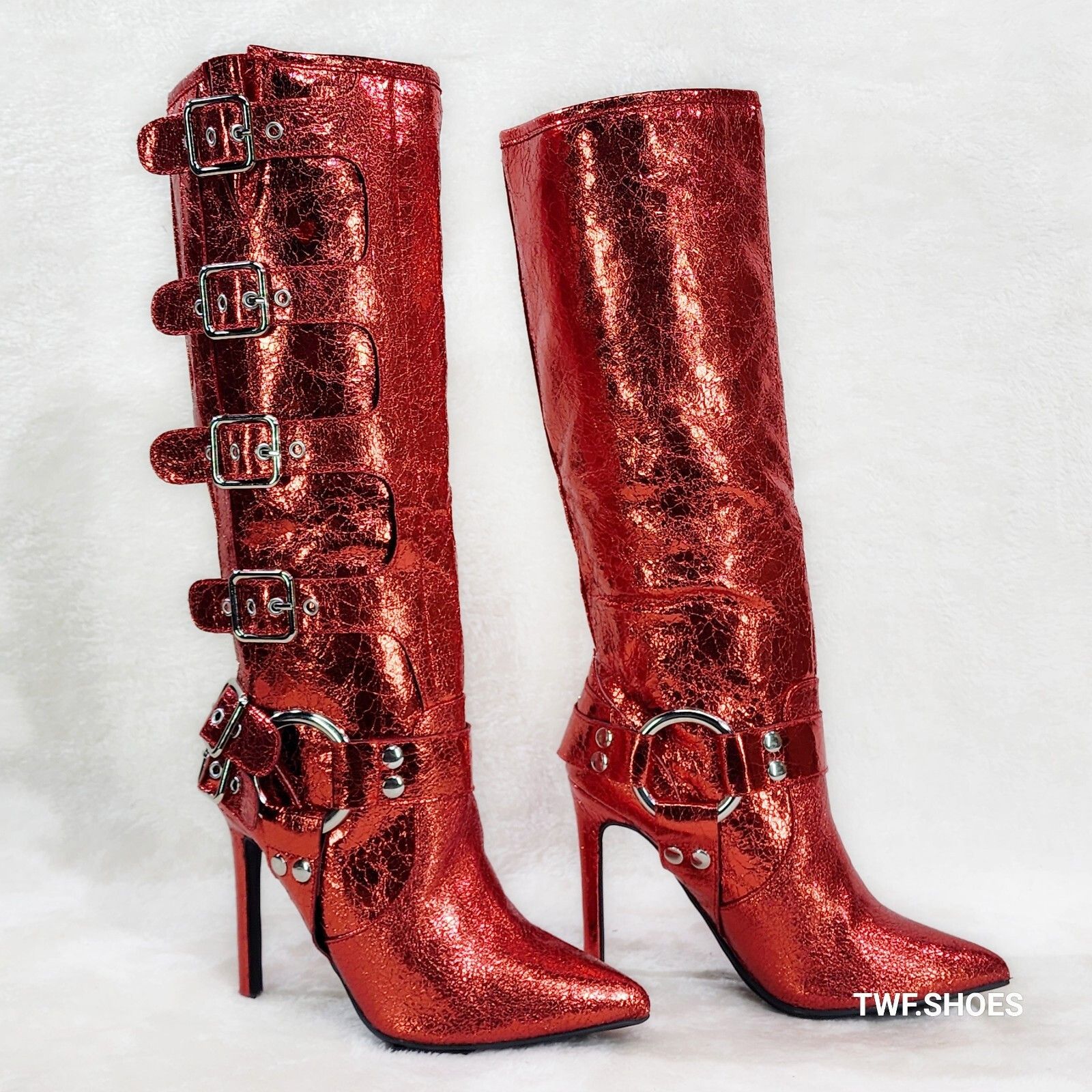 Other Look At Me Red Faux Leather High Heel Harness Knee Boots (US Size US 10 / IT 40 - 4 Thumbnail