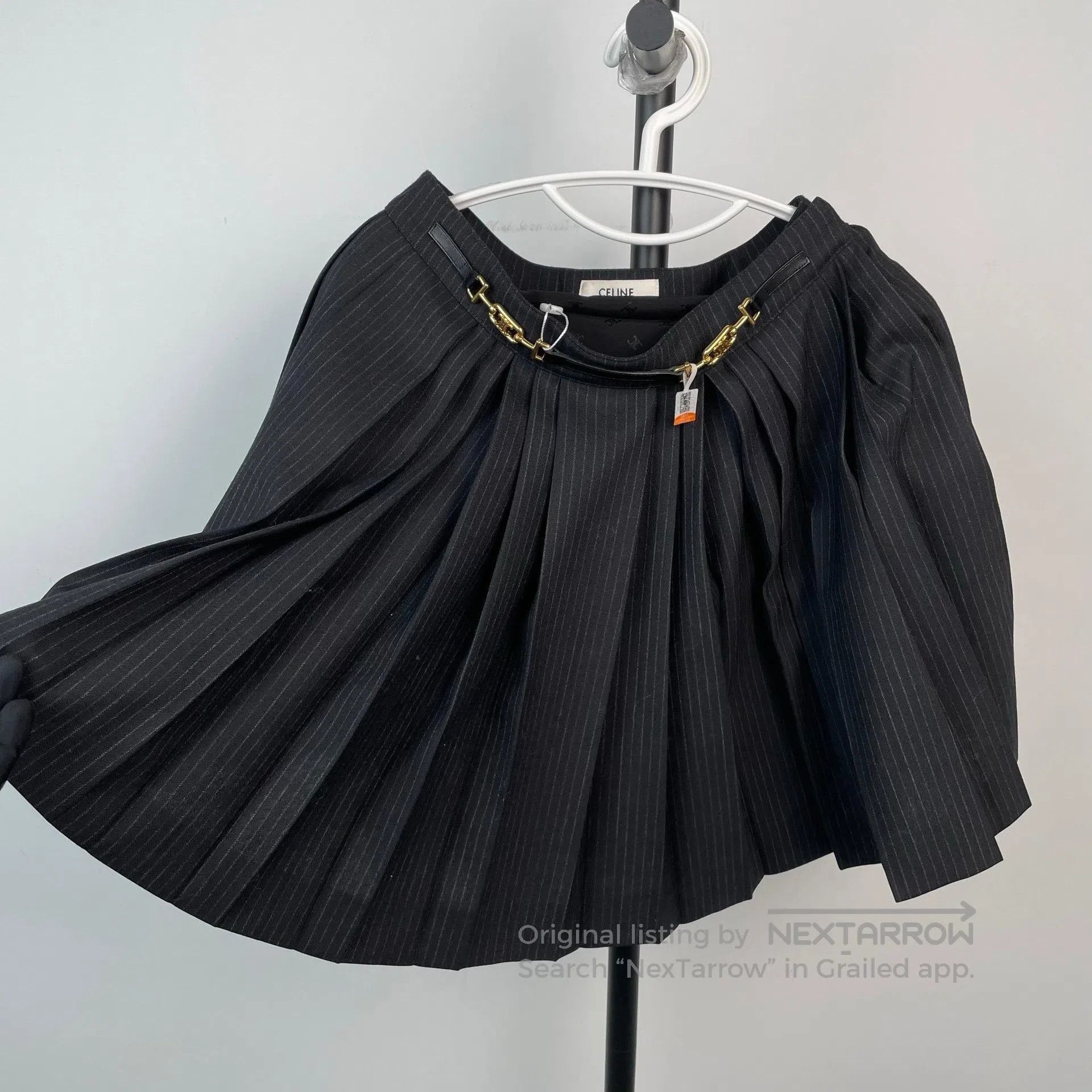 Celine CELINE Gold horsebit belted striped pleated skirt| Size 33" - 4 Thumbnail
