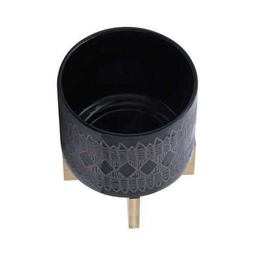Designer × Homemade CERAMIC 8" AZTEC PLANTER ON WOODEN STAND, BLACK Size US L / EU 52-54 / 3 - 5 Thumbnail
