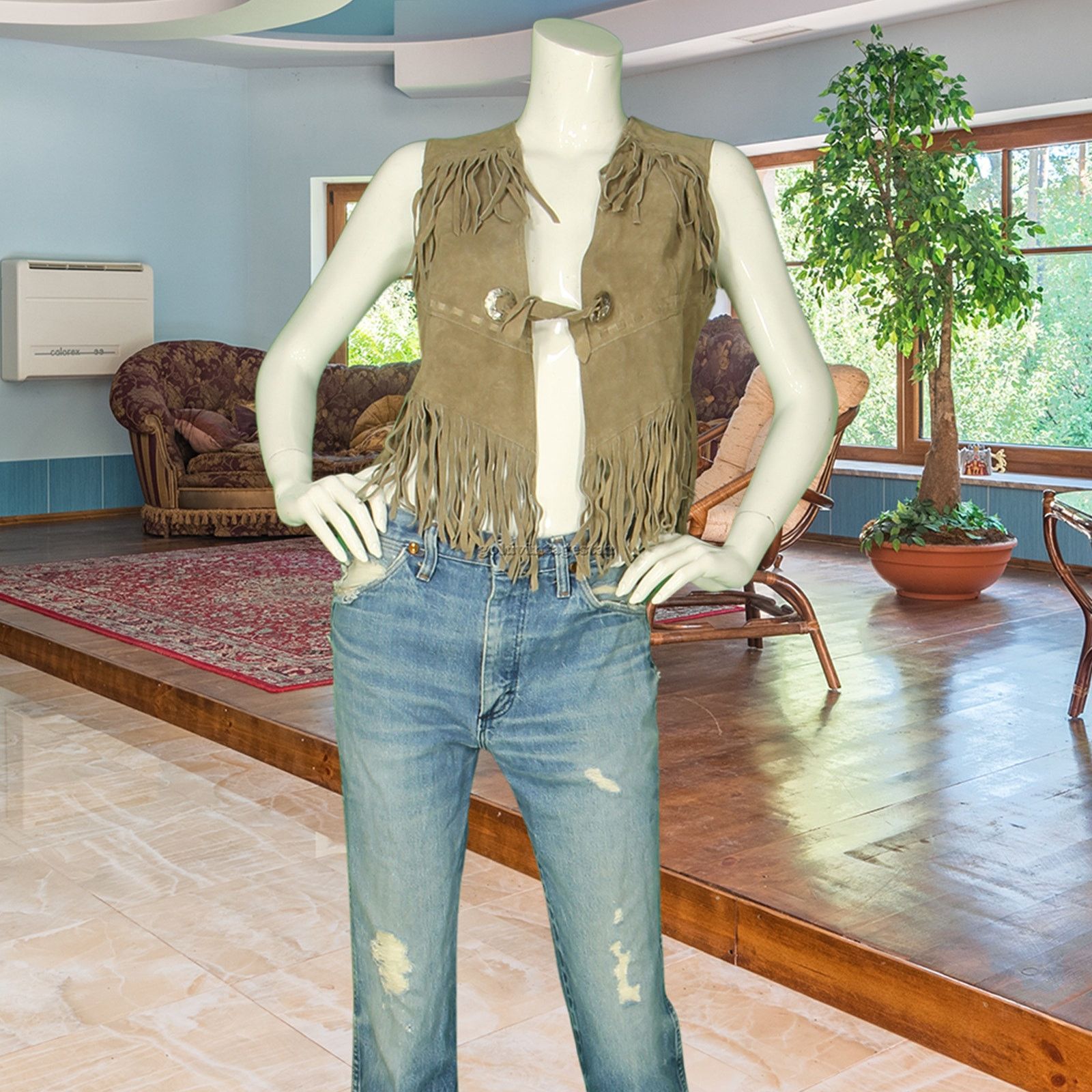 image of Vintage Ms Pioneer Fringe Hippie Festival Suede Leather Vest in Brown, Women's (Size XS)