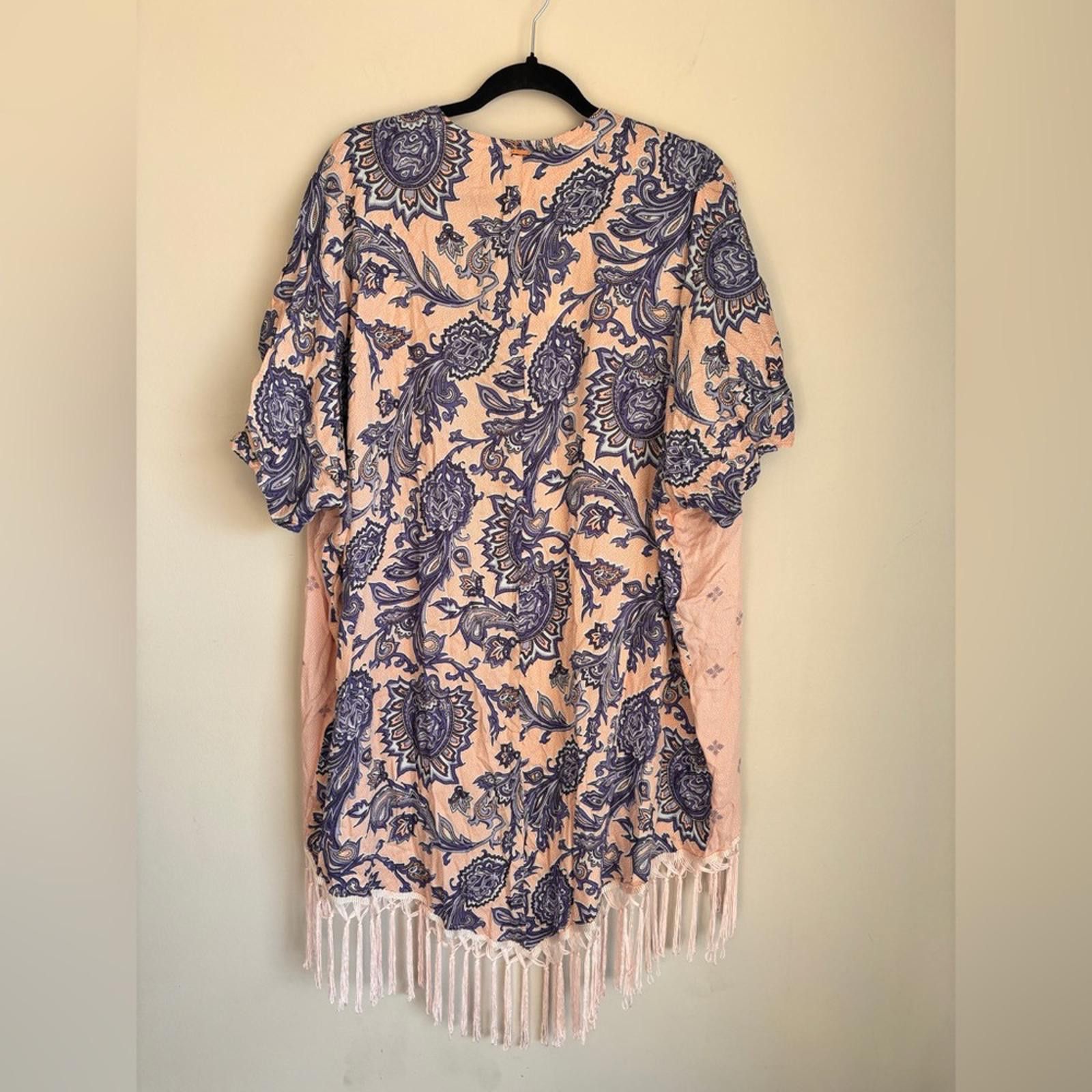 Rusty Pink and Blue Paisley Kimono with Fringe Size L / US 10 / IT 46 - 2 Thumbnail