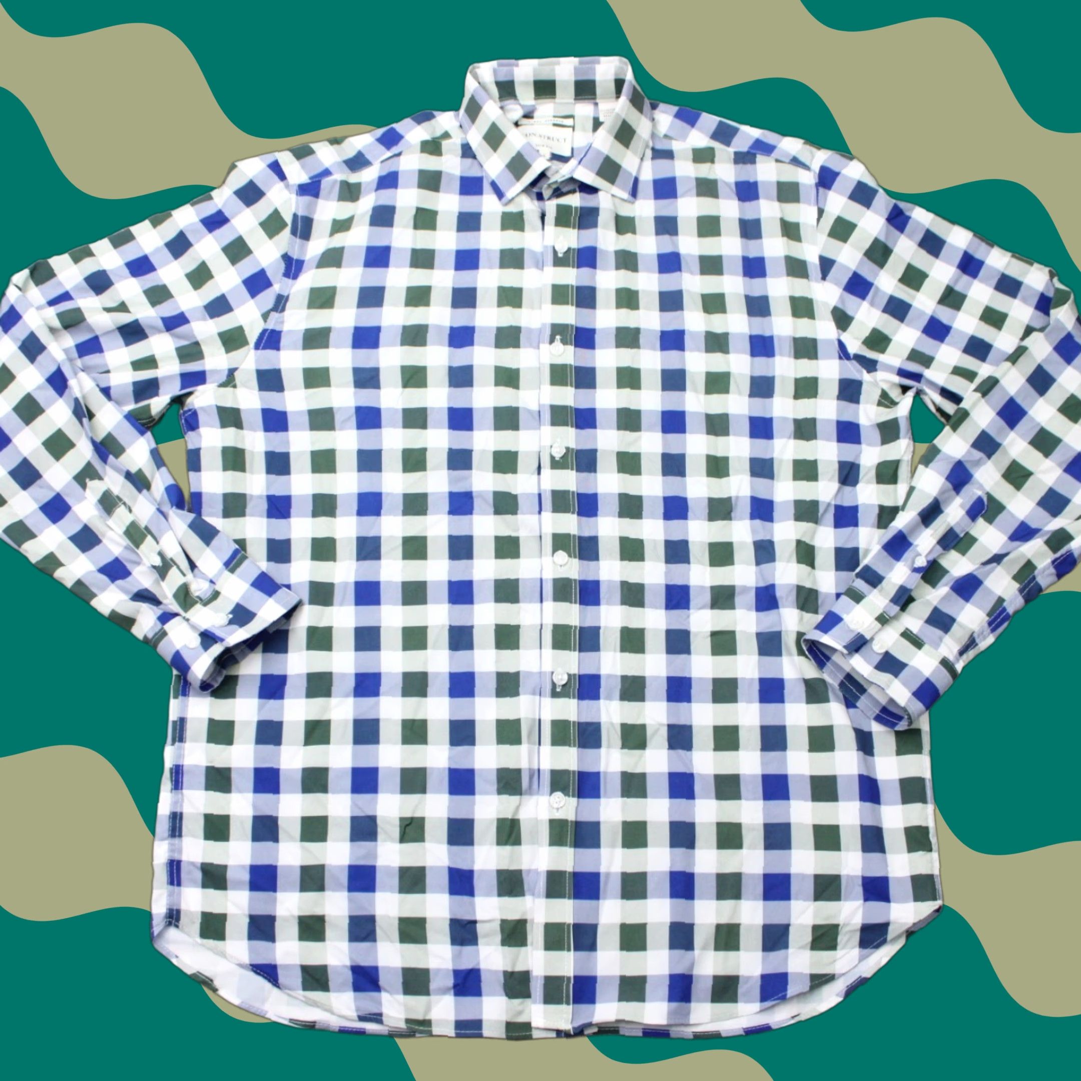 Vintage Construct Shirt Men Large Green Blue Slim Fit 4 Way Stretch Long Sleeve Button Up Shirt Size US L / EU 52-54 / 3 - 1 Thumbnail