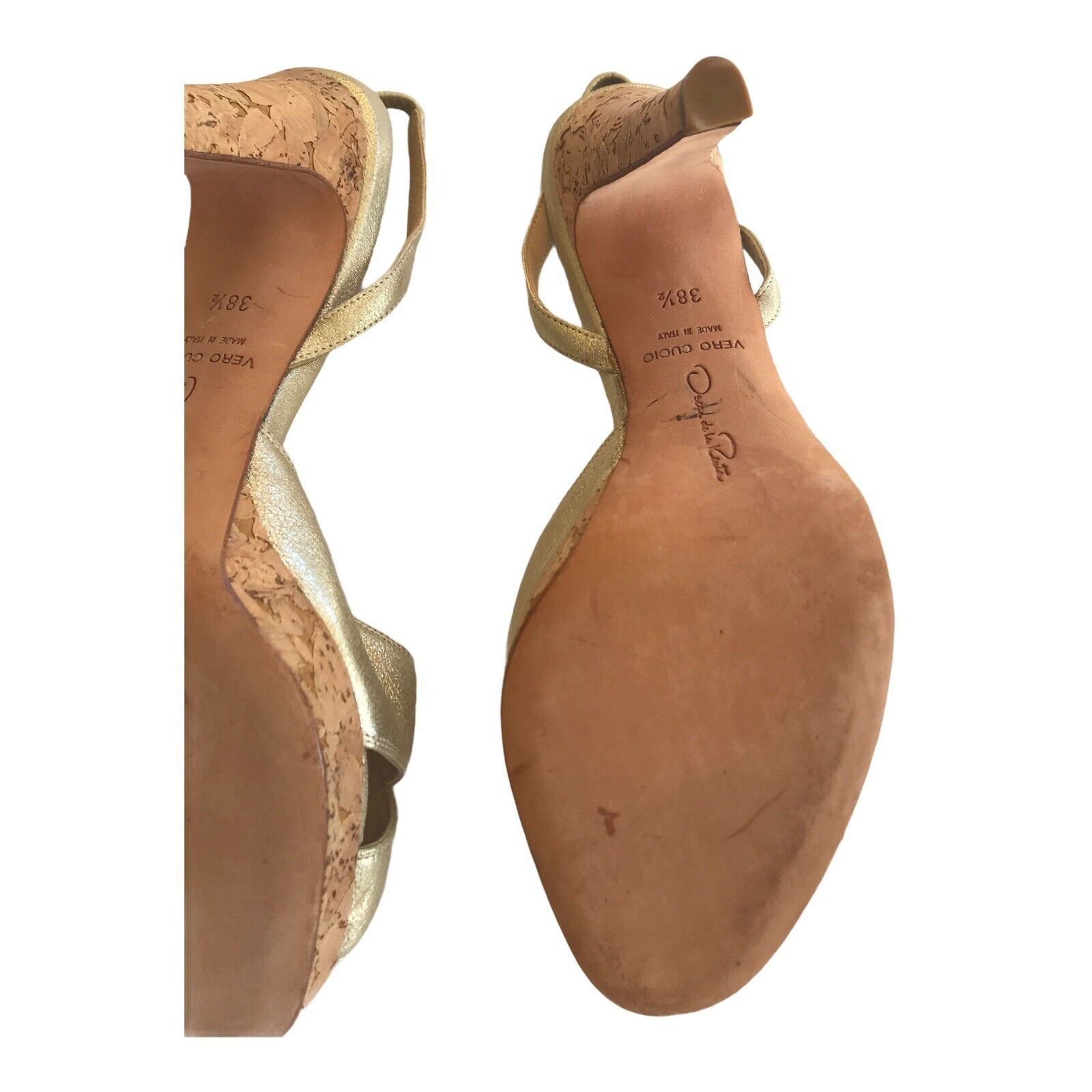 Oscar De La Renta Oscar de la Renta Metallic Gold Leather Peep Toe Cork High Size US 8.5 / IT 38.5 - 7 Thumbnail
