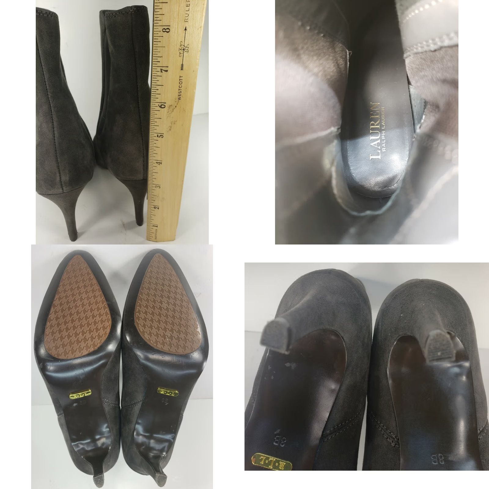 Ralph Lauren LAUREN RALPH LAUREN Pasmia Women's Gray Suede 3" Heel Bootie Size 8B Dark Gray Leather Pointed Toe Stiletto Pull On Elastic Logo Fall Winter Boots Size US 8 / IT 38 - 8 Thumbnail