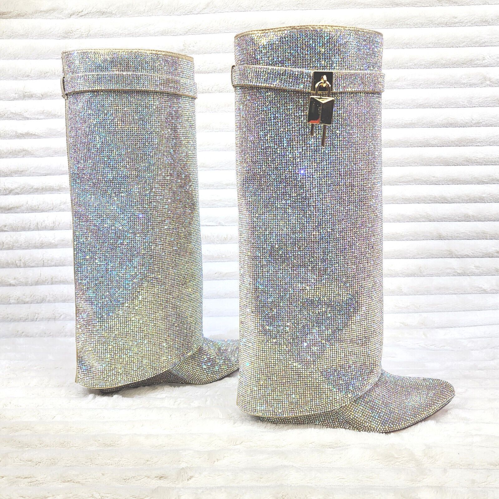 Other Super Sparkle Sharky Skirted Fold Over Wedge Heel Knee Boots Size US 7 / IT 37 - 1 Thumbnail