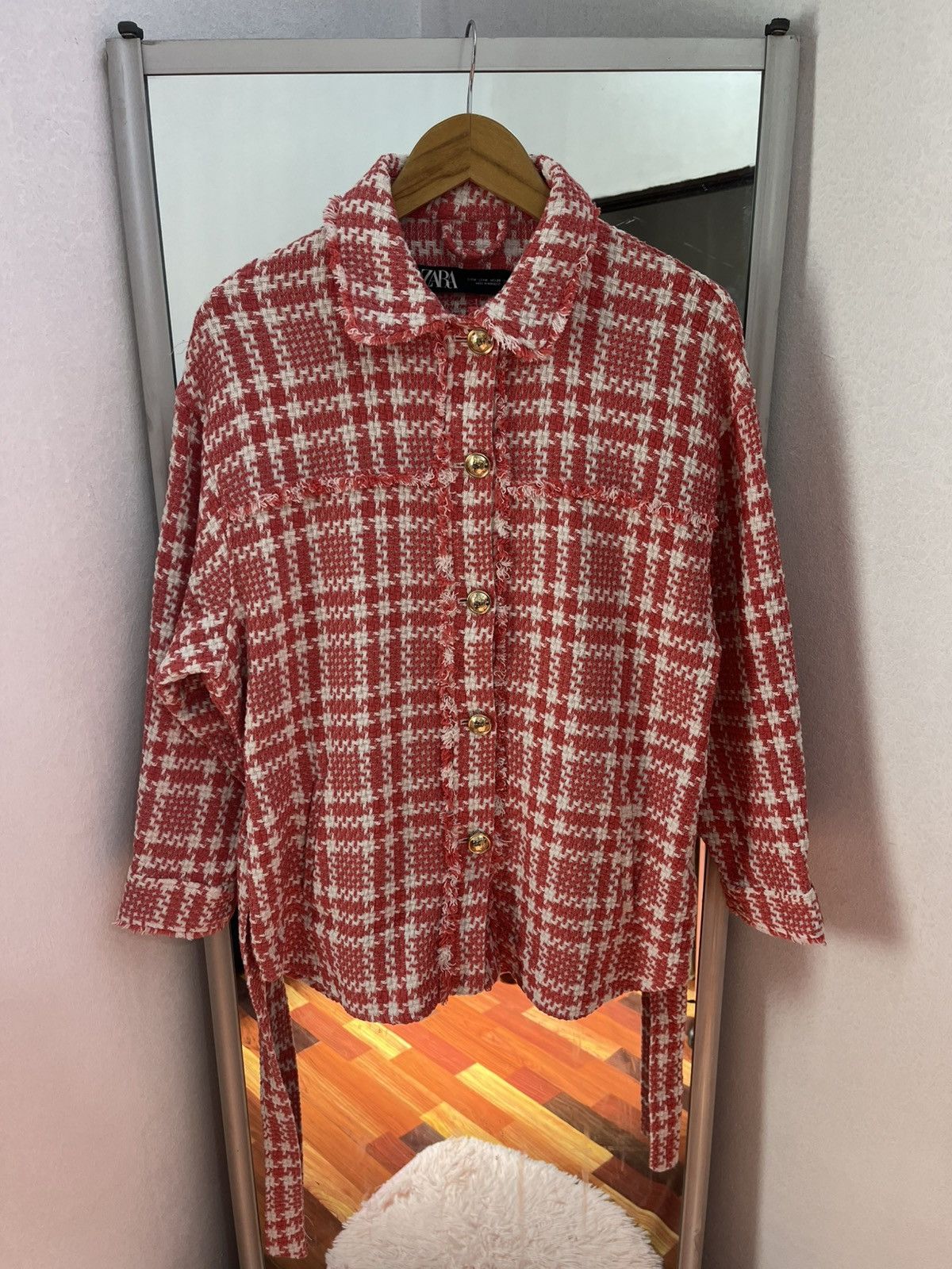 Zara Tweed Plaid Jacket Gold Button Belted M, Women's (Size Medium)