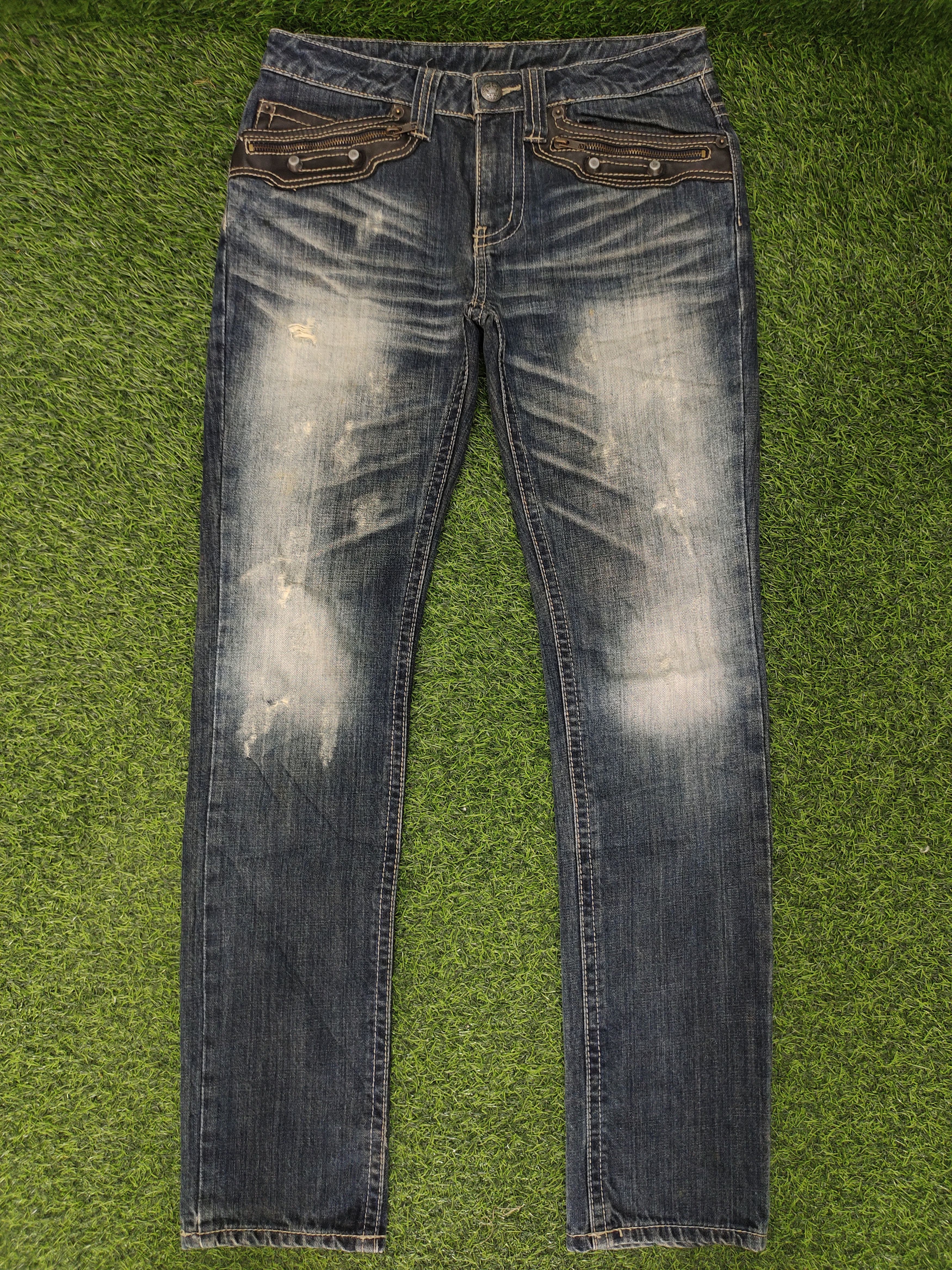 Japanese Brand Vintage Trimm Japan Leather Trim Clawmark Distress Jeans Size US 31 - 1 Thumbnail