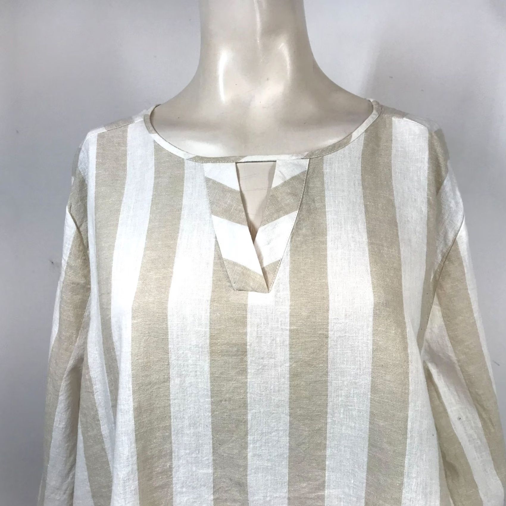 Van Heusen VAN HEUSEN WOMEN'S XL TAN/WHITE STRIPE 3/4 SLEEVE V NECK LINEN BLEND TOP Size XL / US 12-14 / IT 48-50 - 2 Thumbnail