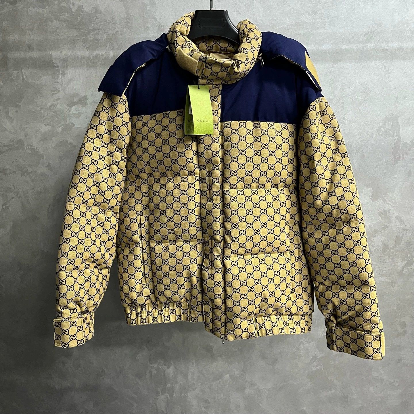gucci brown logo print puffy jacket with hood