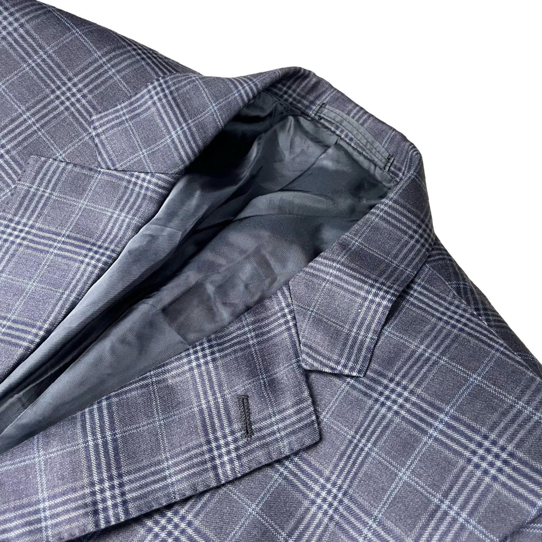 BREDA Bespoke Pete Fashions Blazer Jacket Navy Blue Plaid 42 Regular 100% Wool 2-Button Notch Lapel Mens Blazer Jacket Front Button Style: Two-Button Size 42R - 2 Thumbnail