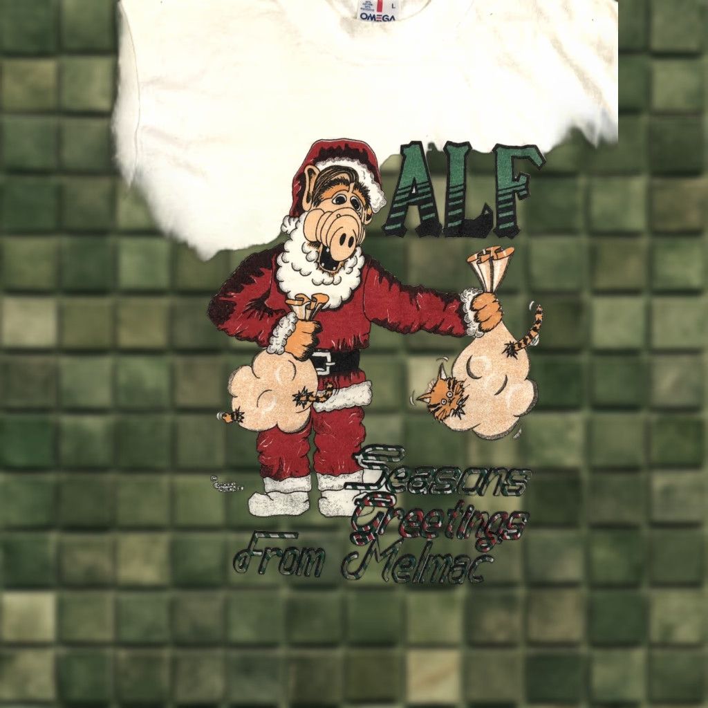 Omega VINTAGE ALF Seasons Greetings Christmas Single Stitch White T Shirt Muppets M23 1987 1980s XL Mens Size US L / EU 52-54 / 3 - 1 Thumbnail