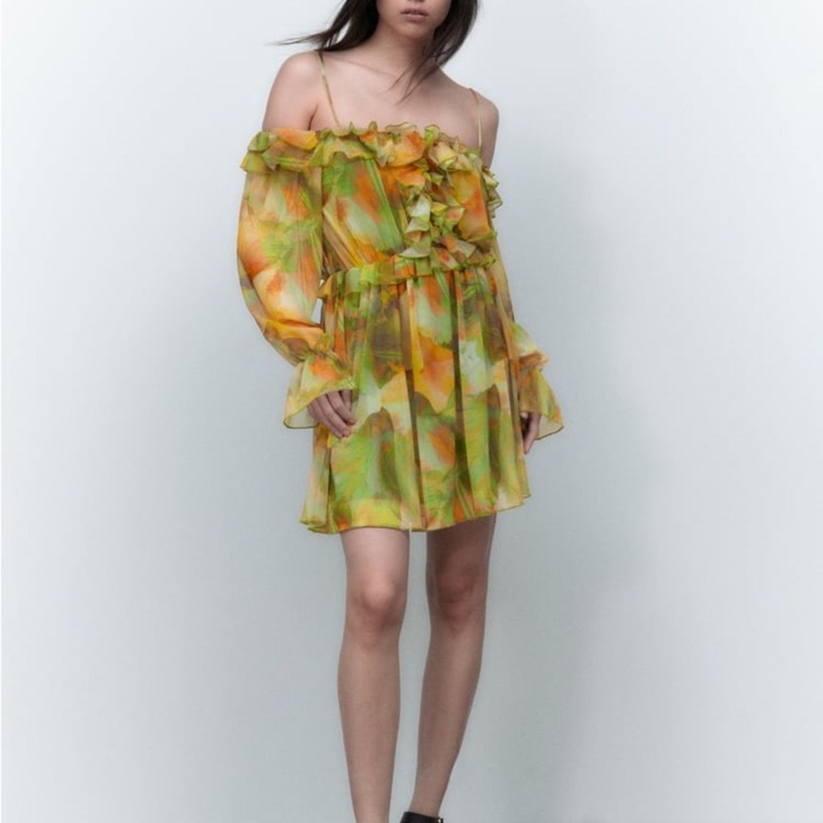 Zara ZARA BLOGGER FAVORITE PRINTED TULLE DRESS GREEN Size S / US 4 / IT 40 - 10 Thumbnail