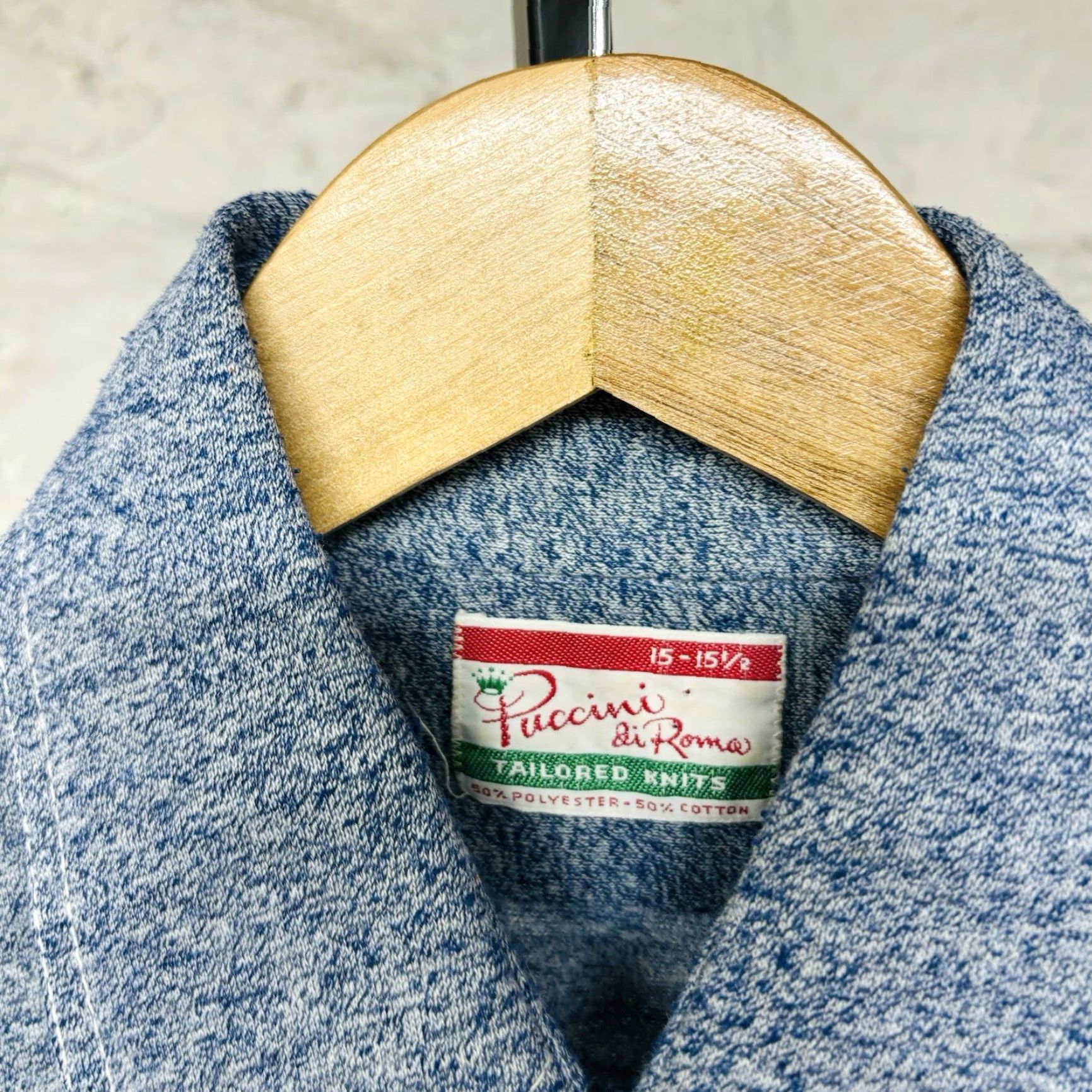 VINTAGE Puccini di Roma Knit Dagger Collar Spread Button Up Shirt 60s 70s Mens Blue Long Sleeve Polyester Knit Shirt Button-Up Collar Spread 15.5
