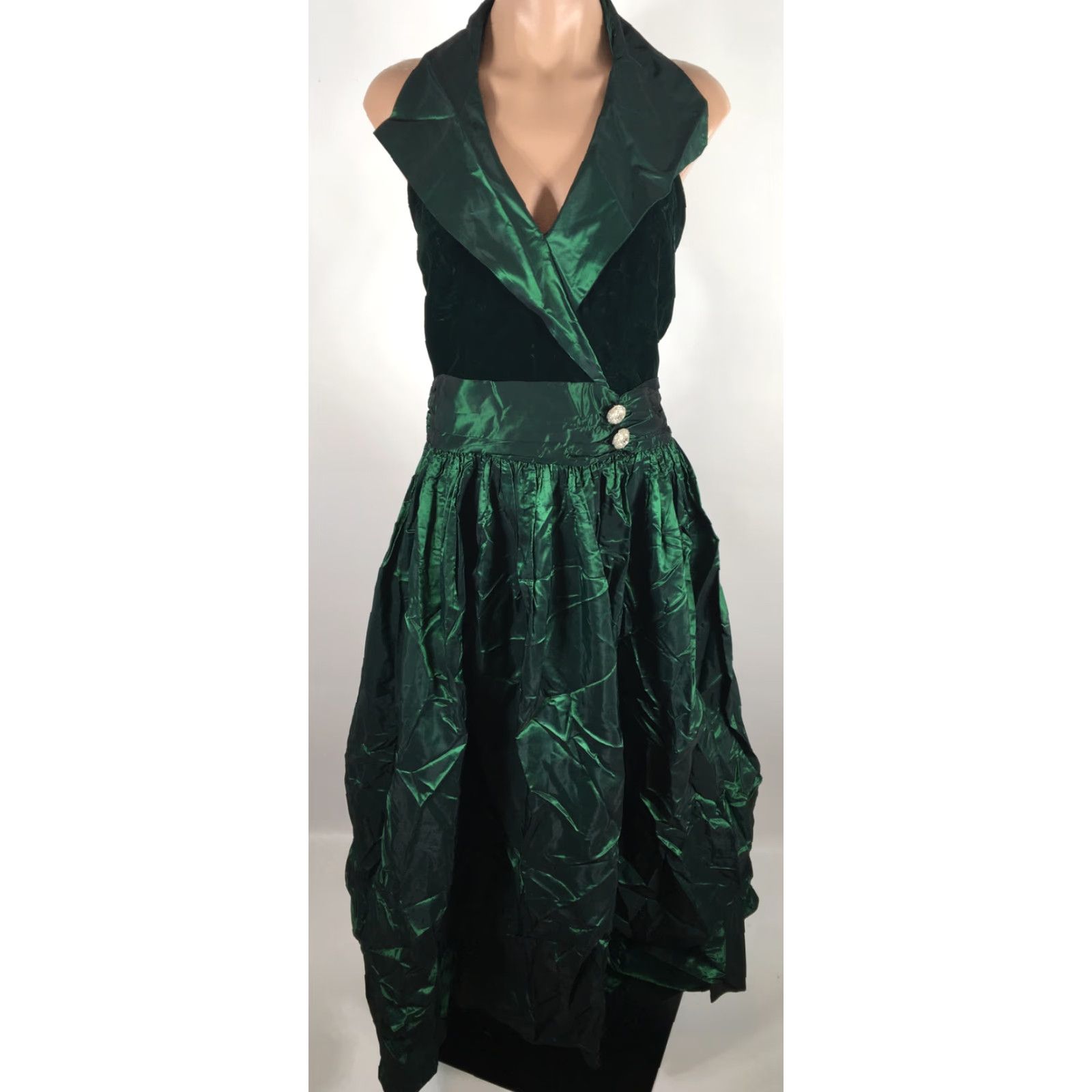 VINTAGE UNION Halter Velvet Dress Alfred Angelo Green Iridescent Taffeta  80s 8