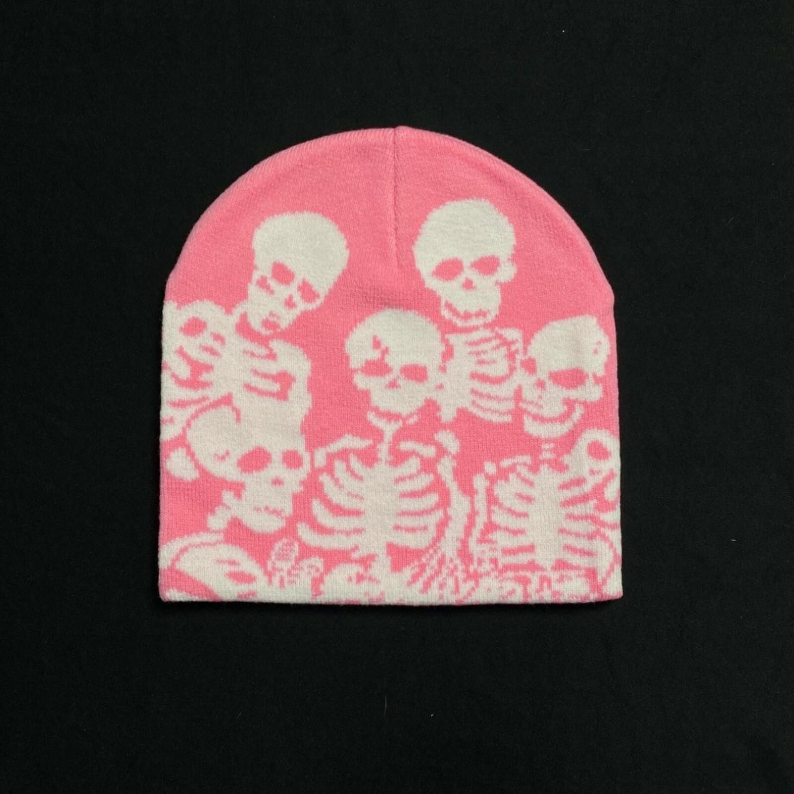 Japanese Brand Y2k Skeleton Graphic design No Cuff Knit Pink Beanie Size ONE SIZE - 1 Thumbnail