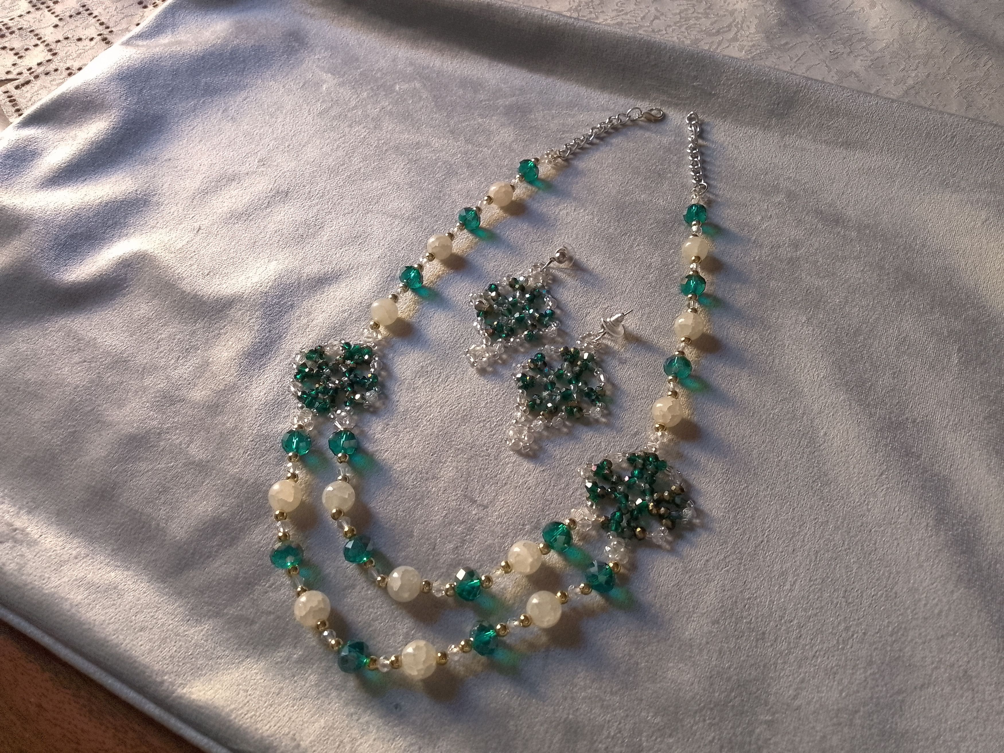 Handmade Necklace Long Green Crystal White Gemstones Earrings Size ONE SIZE - 1 Thumbnail