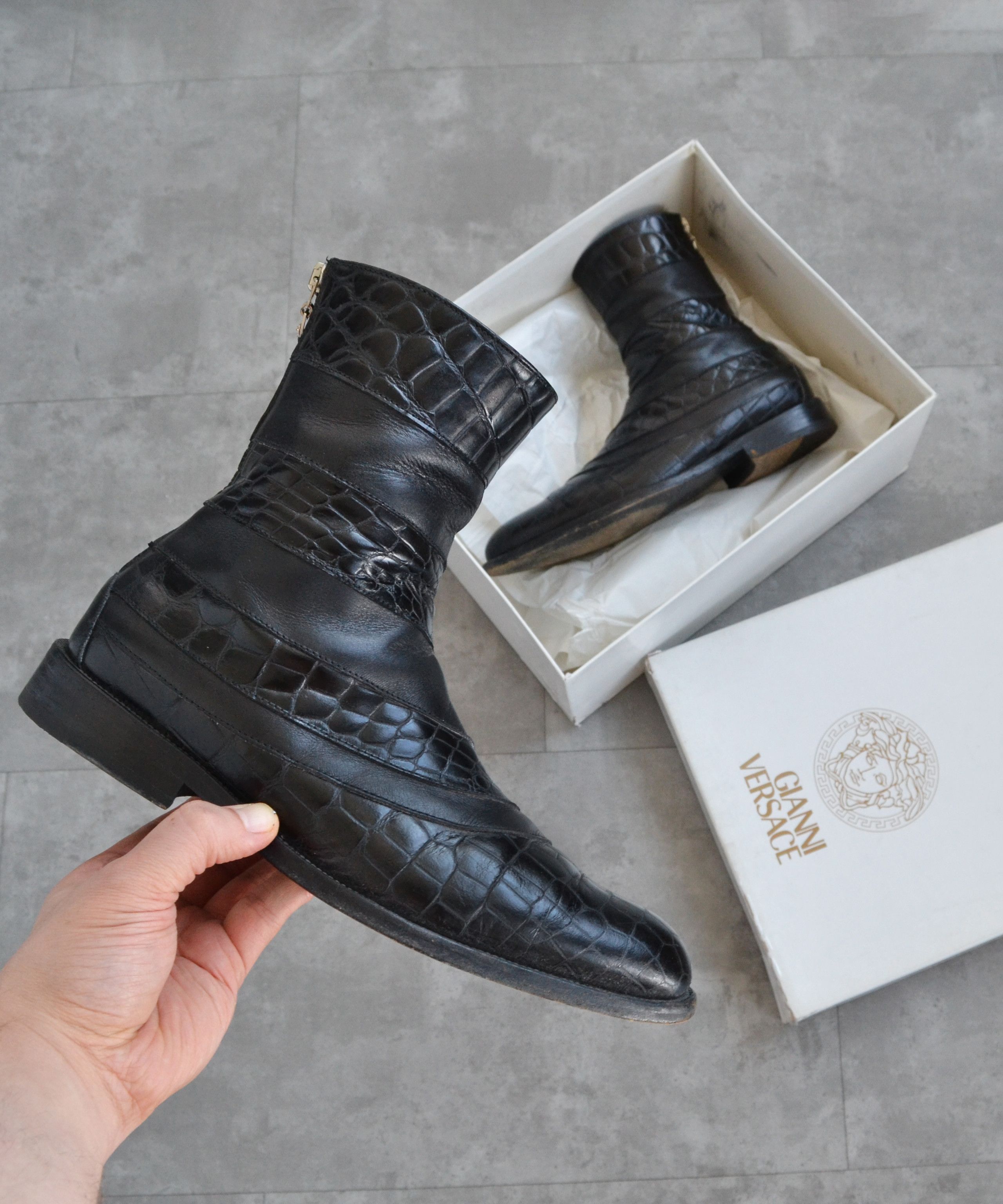 Versace Boots Ankle Shoes Leather Black Medusa Zip 90S, Men's (Size 6)