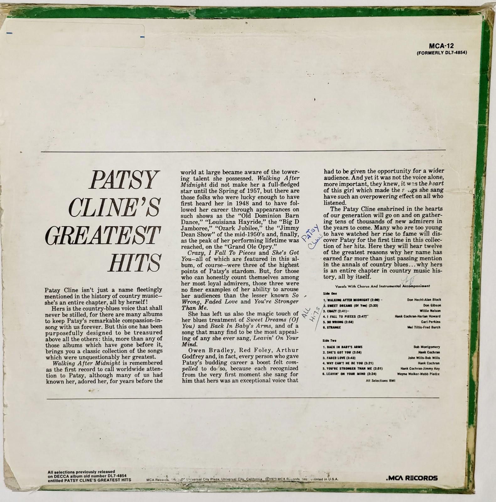 Designer PATSY CLINE'S GREATEST HITS 1973 MCA RECORDS Size ONE SIZE - 2 Thumbnail