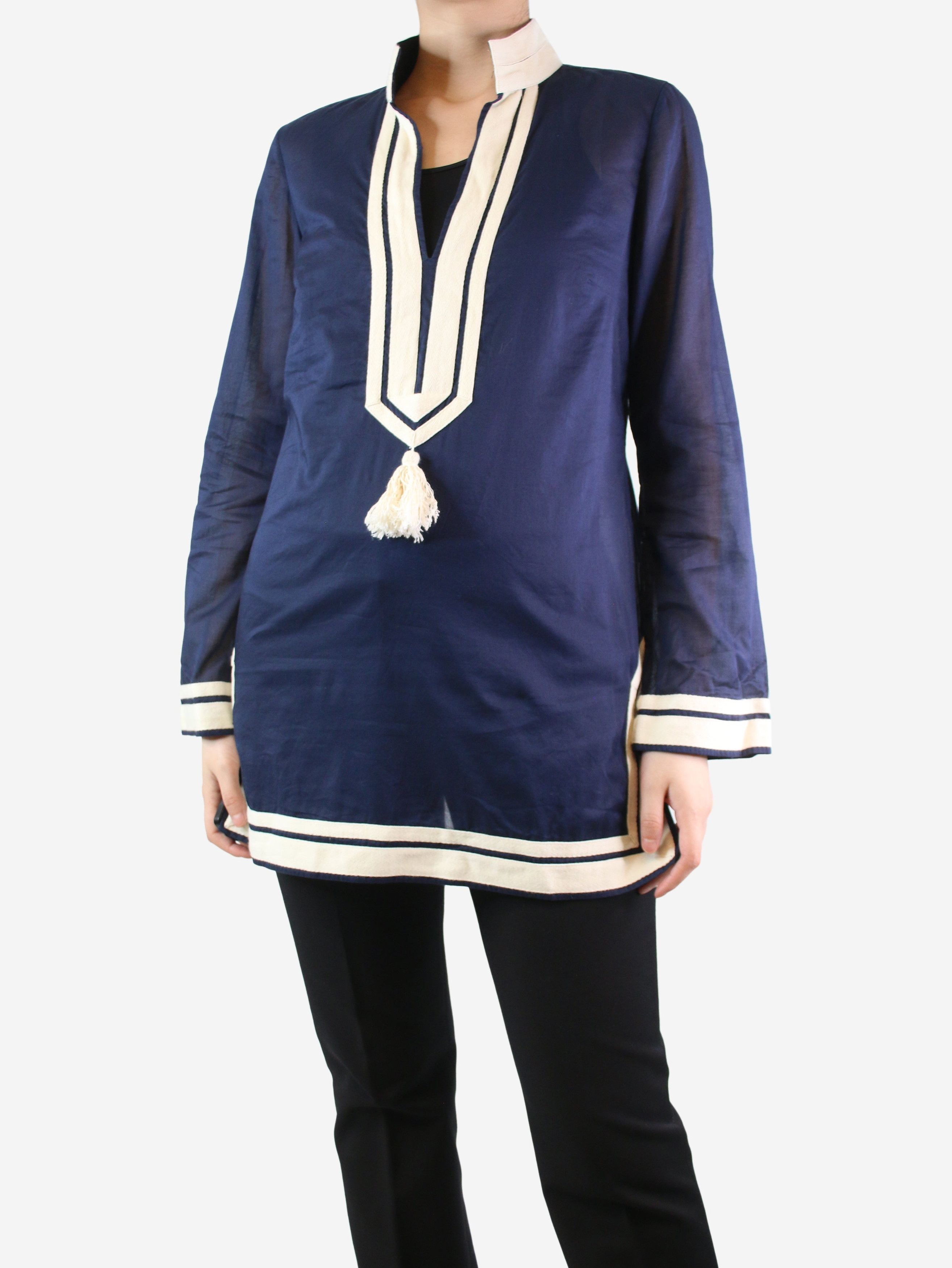 image of Tory Burch Navy Contrast Trim Top - Size S, Women's