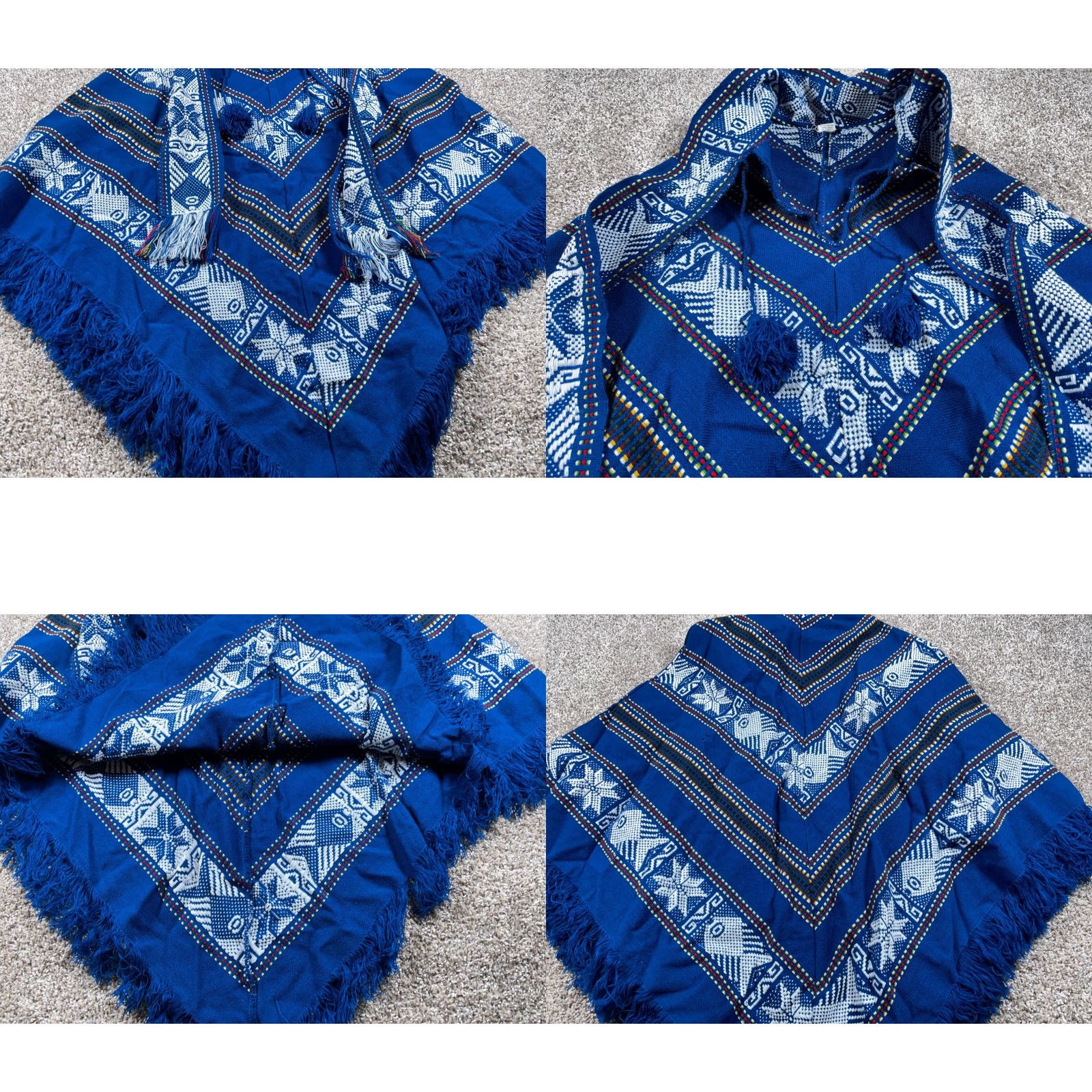 Vintage VINTAGE Handmade Poncho Women's One Size Blue Fringe Southwestern Cotton Ecuador Framework Size ONE SIZE - 8 Thumbnail