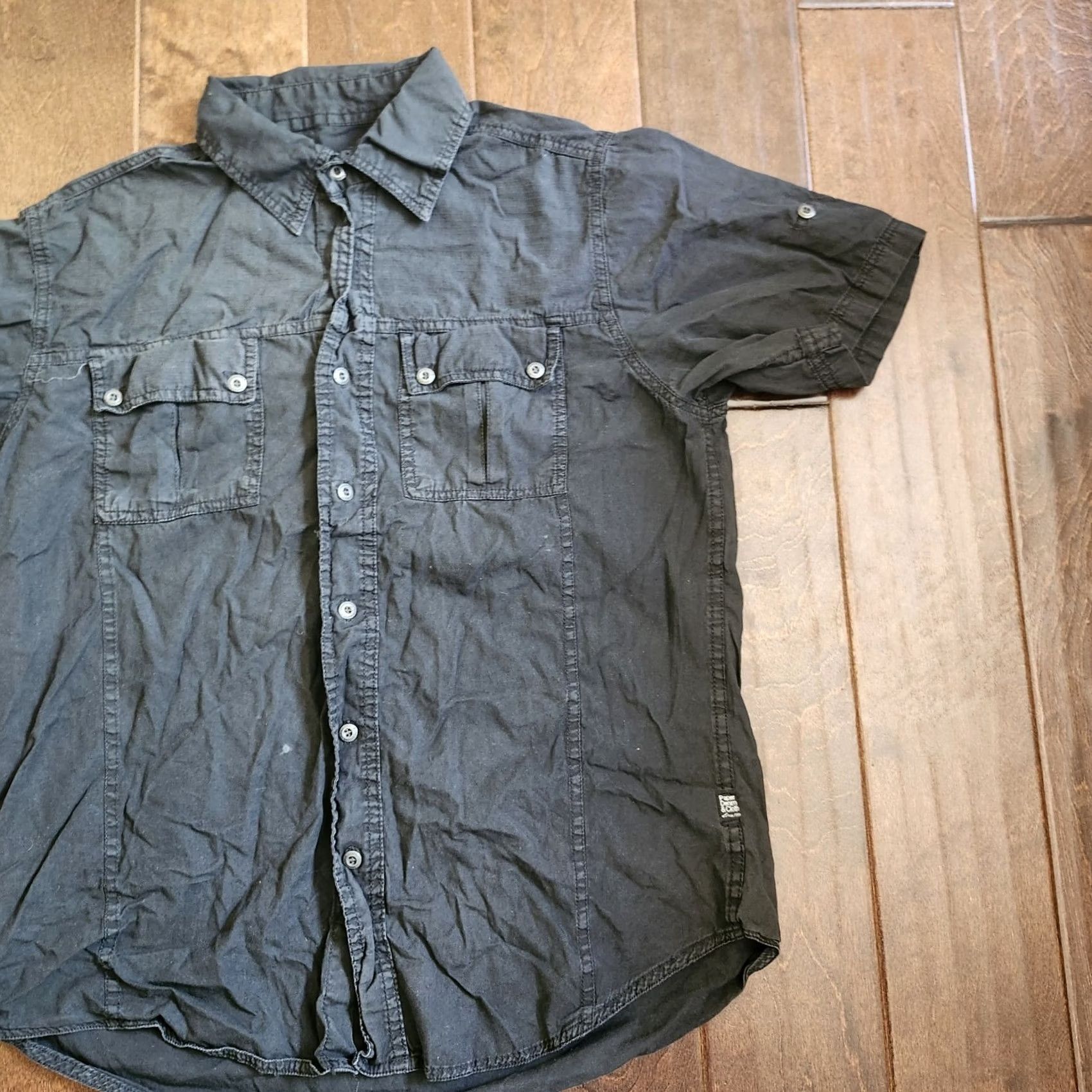 Denime Paper Denim & Cloth Black Short Sleeve Button Up Dress Shirt M Mens Regular Cotton Denim Stains Summer Casual Business 90s? Size 40R - 3 Thumbnail