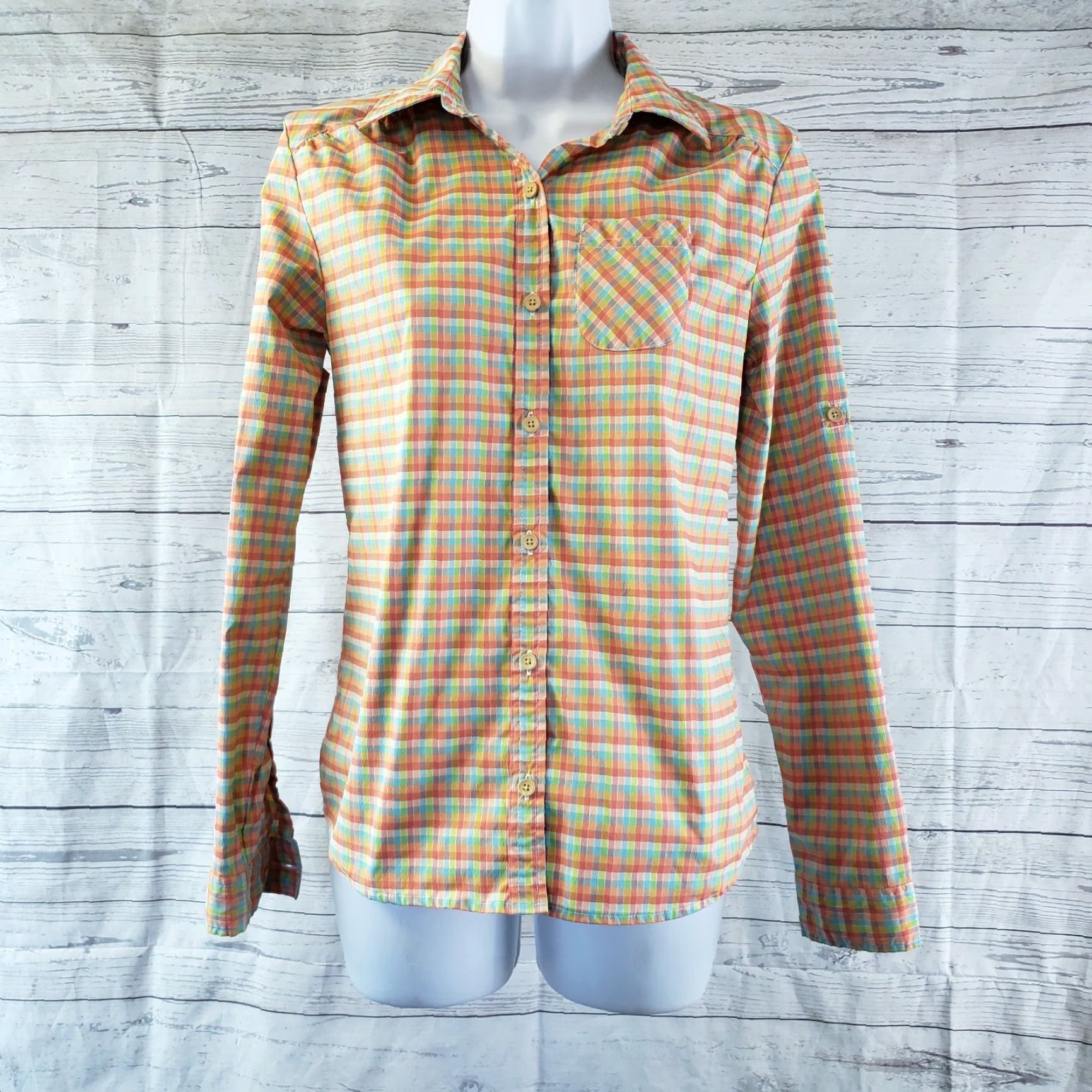 Vintage Lucy Womens Button Front Shirt XS Orange Blue Checkered Long Sleeve Vented Carded Vintage: No Casual Size XS / US 0-2 / IT 36-38 - 2 Thumbnail